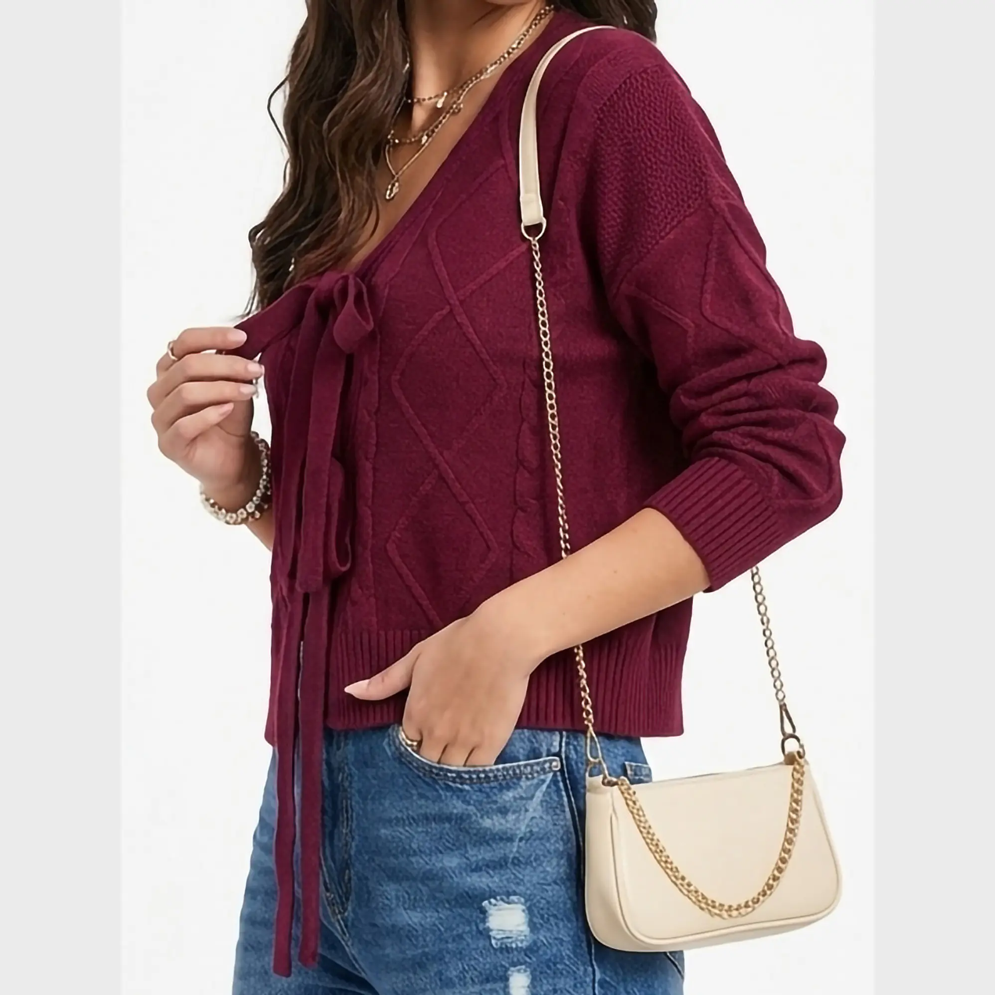 Cardigan Mujer Tejido Trenzado Corto Con Lazos Casual 2