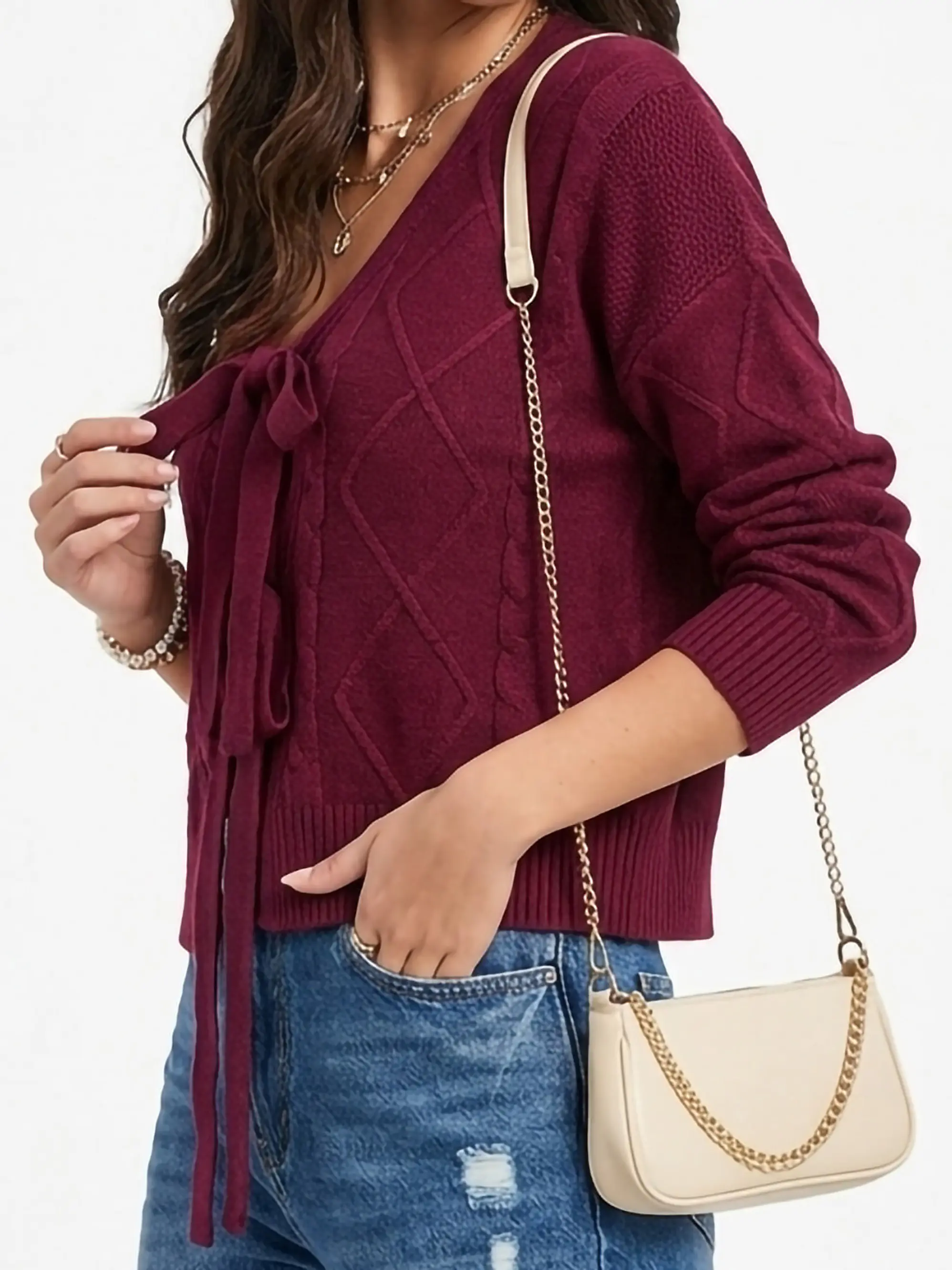 Cardigan Mujer Tejido Trenzado Corto Con Lazos Casual 2