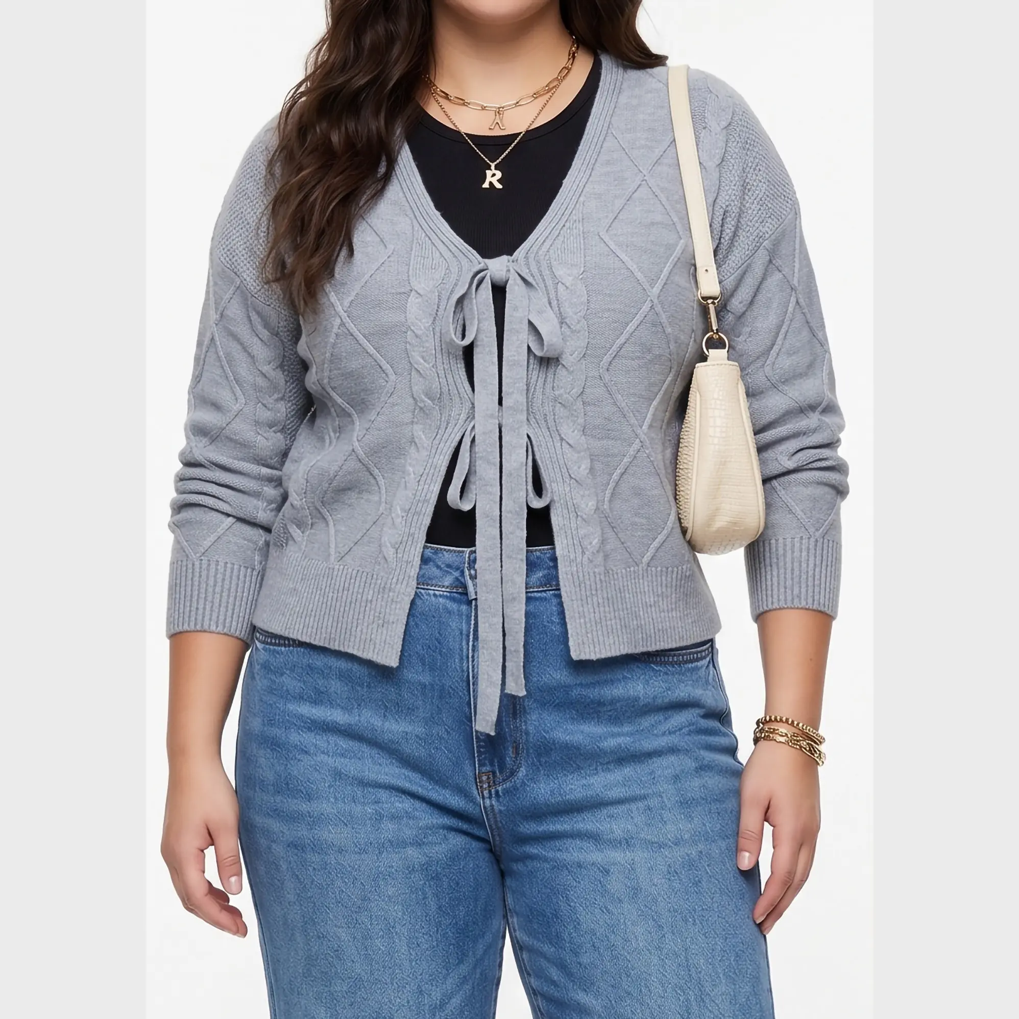 Cardigan Mujer Tejido Trenzado Corto Con Lazos Casual 7