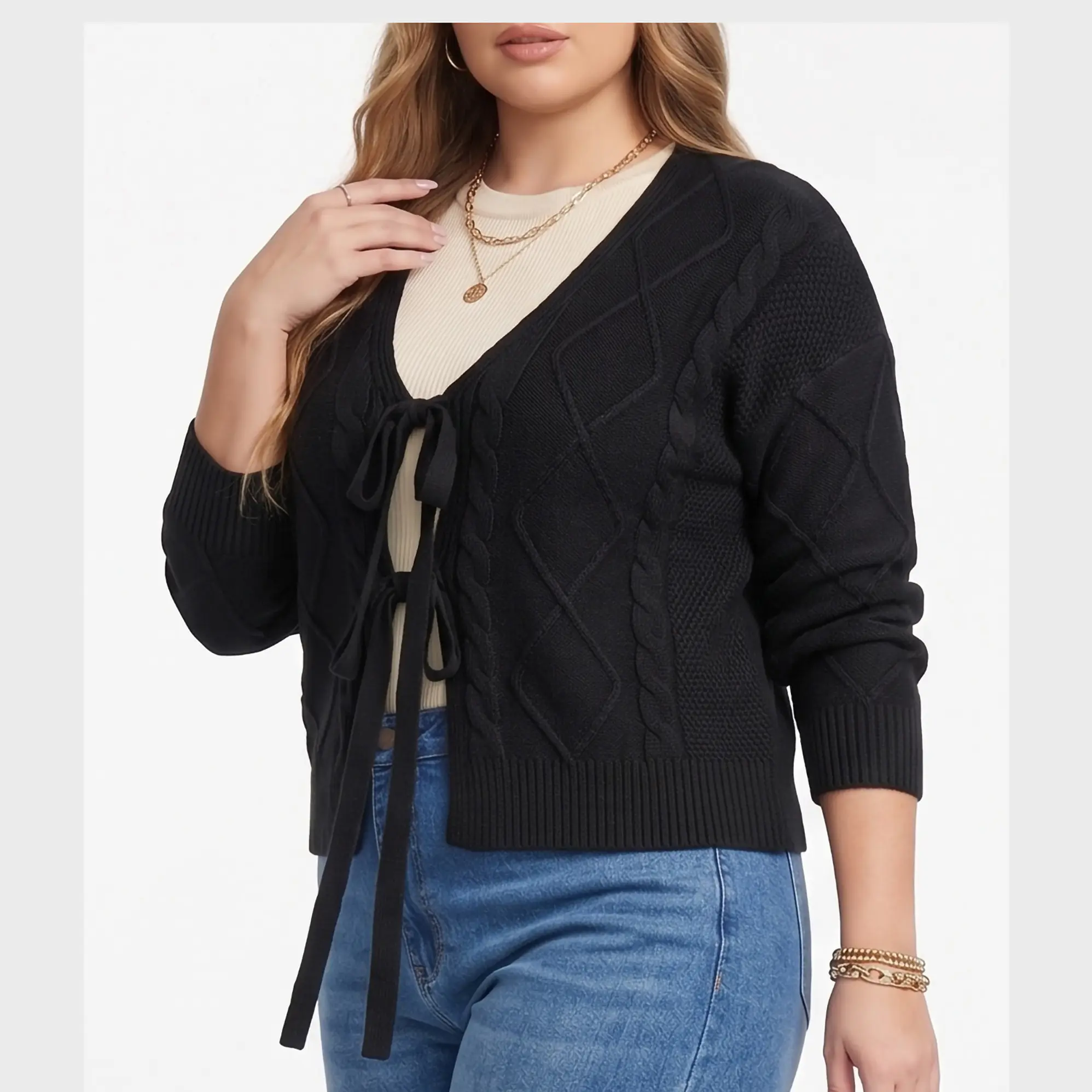 Cardigan Mujer Tejido Trenzado Corto Con Lazos Casual 8