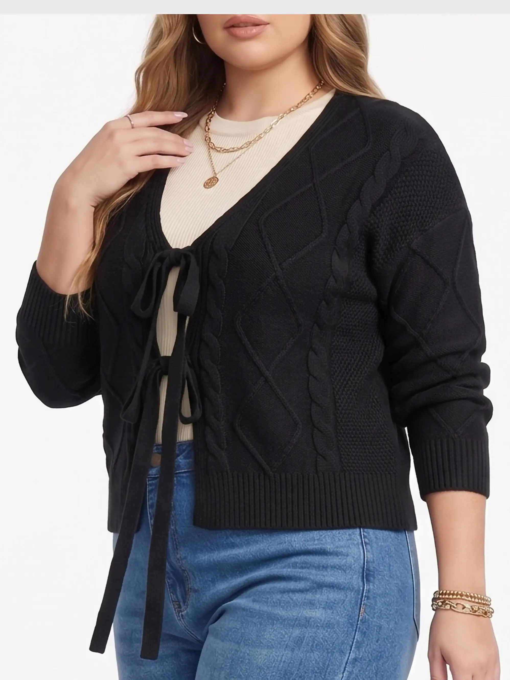 Cardigan Mujer Tejido Trenzado Corto Con Lazos Casual 8