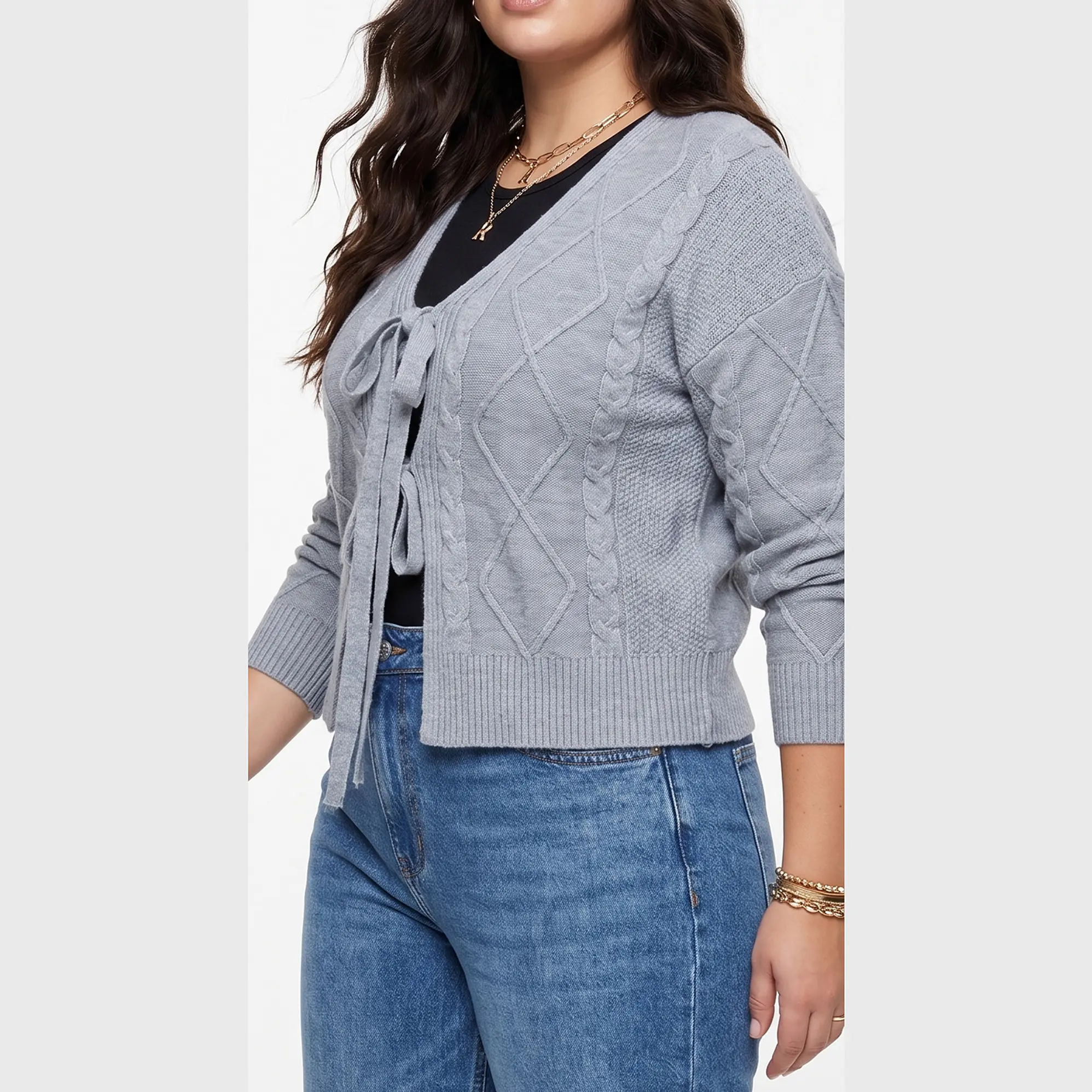 Cardigan Mujer Tejido Trenzado Corto Con Lazos Casual 9