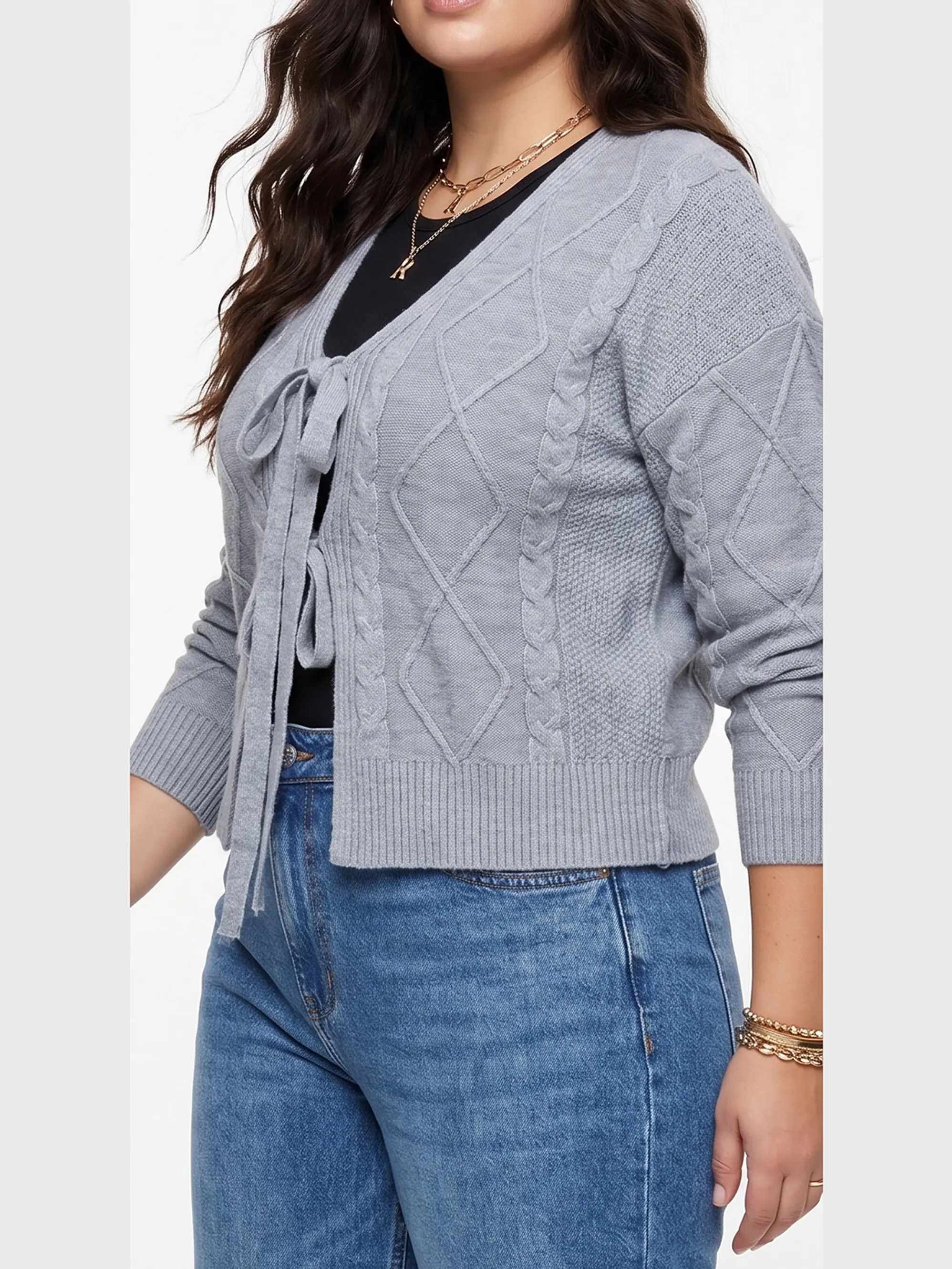 Cardigan Mujer Tejido Trenzado Corto Con Lazos Casual 9