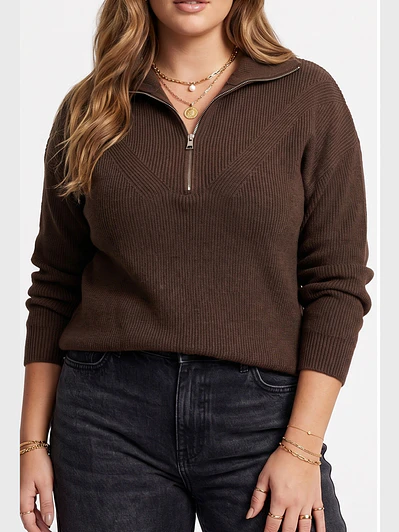 Sweater Tejido con Medio Cierre Metálico y Cuello Alto