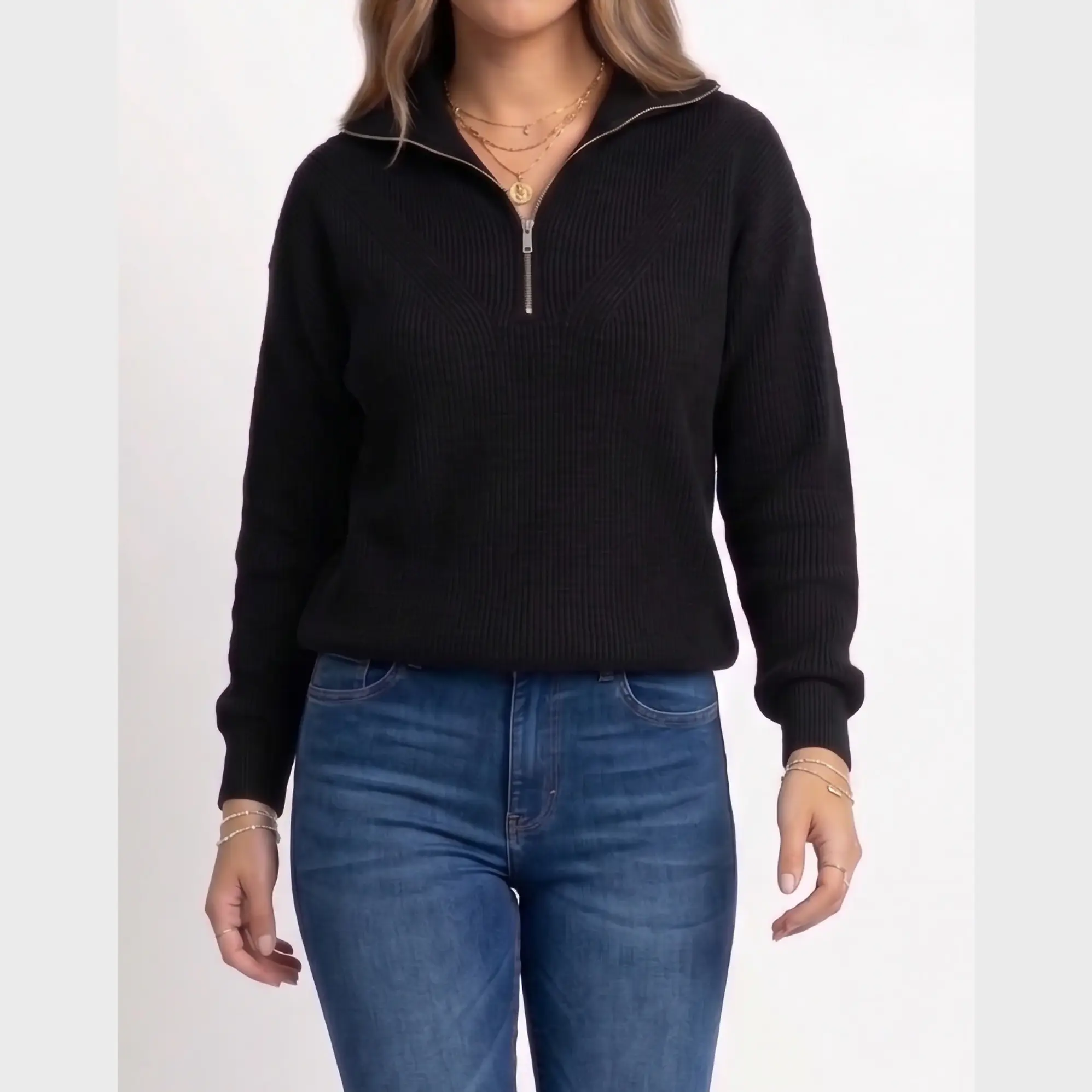 Sweater Tejido con Medio Cierre Metálico y Cuello Alto 3