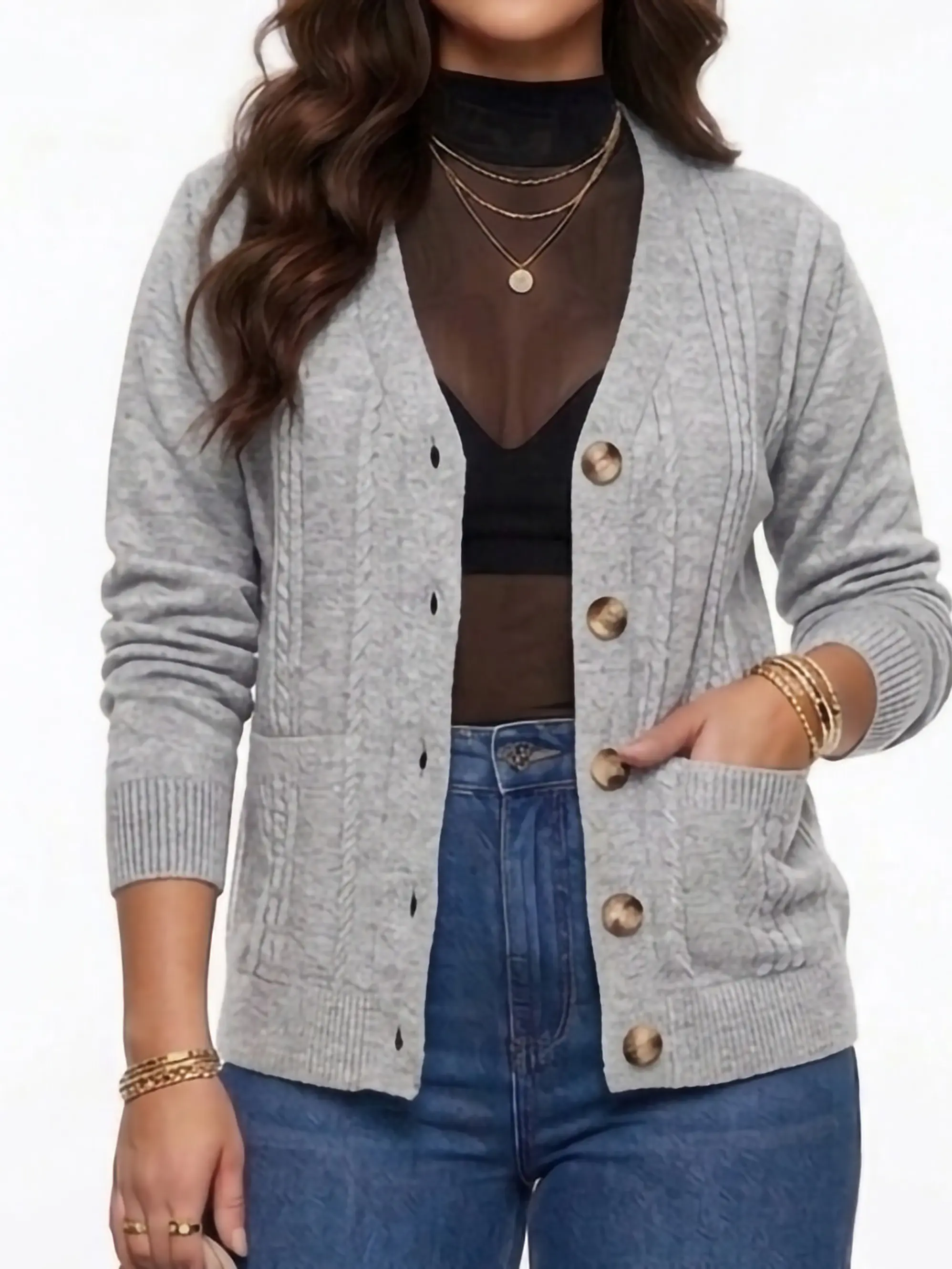 Cardigan Sweater Con Botones Bolsillos Chaleco Tejido Mujer 3