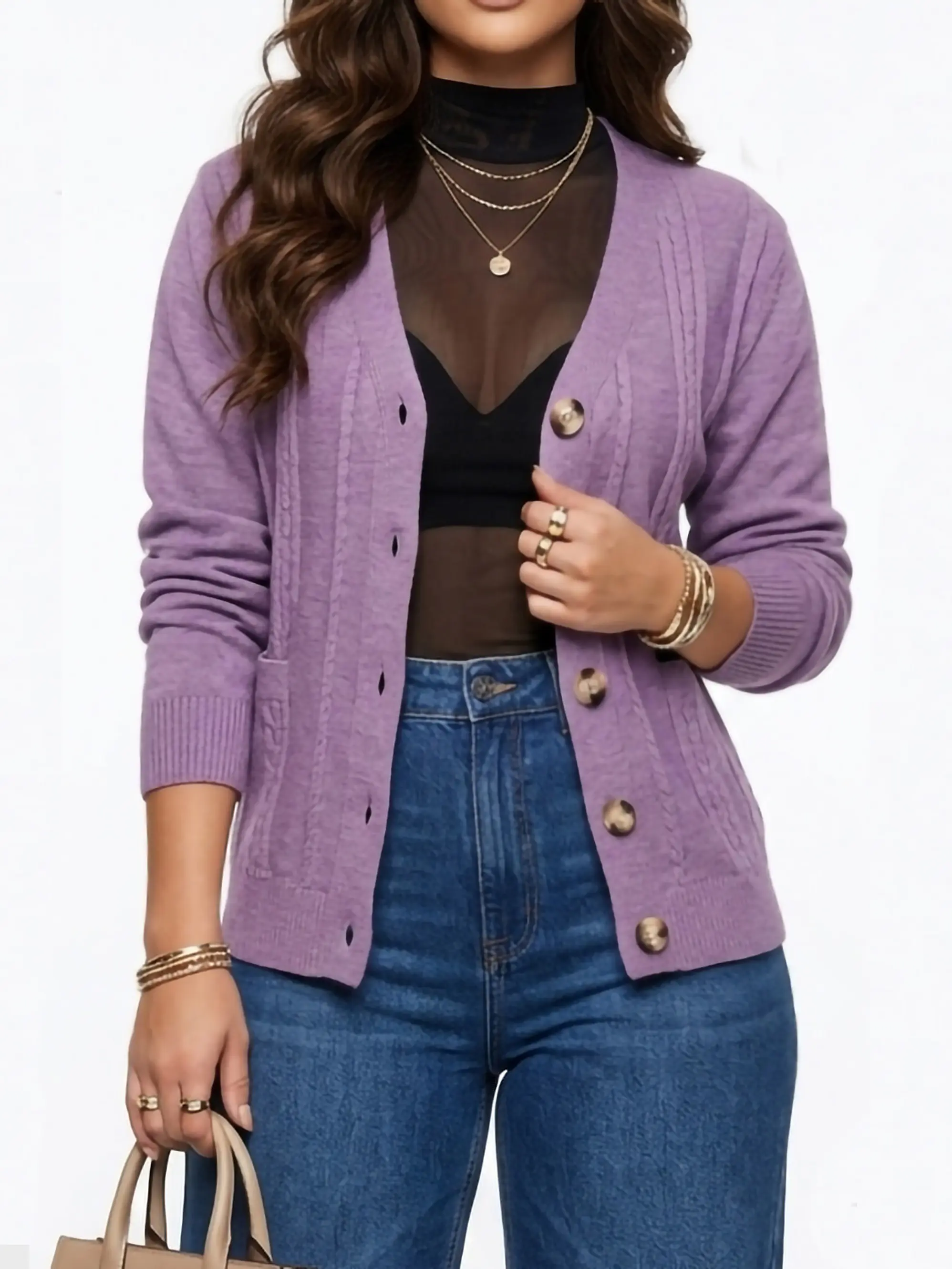 Cardigan Sweater Con Botones Bolsillos Chaleco Tejido Mujer 12
