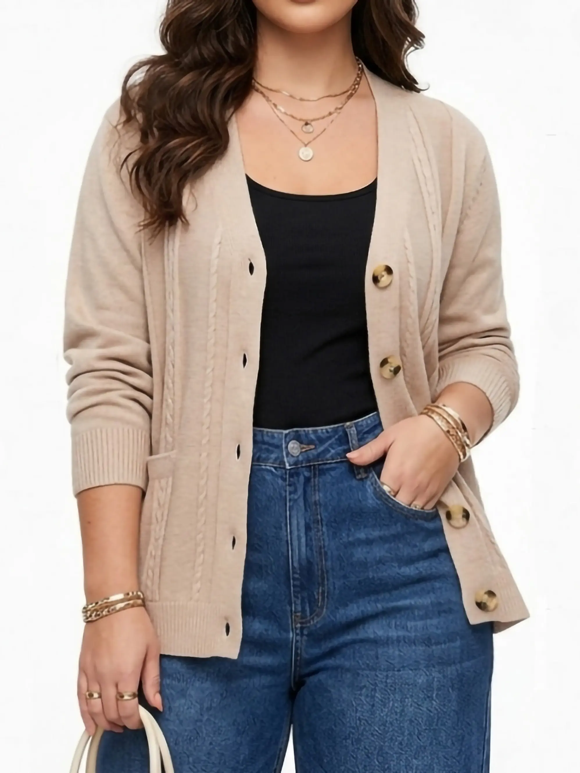 Cardigan Sweater Con Botones Bolsillos Chaleco Tejido Mujer 16