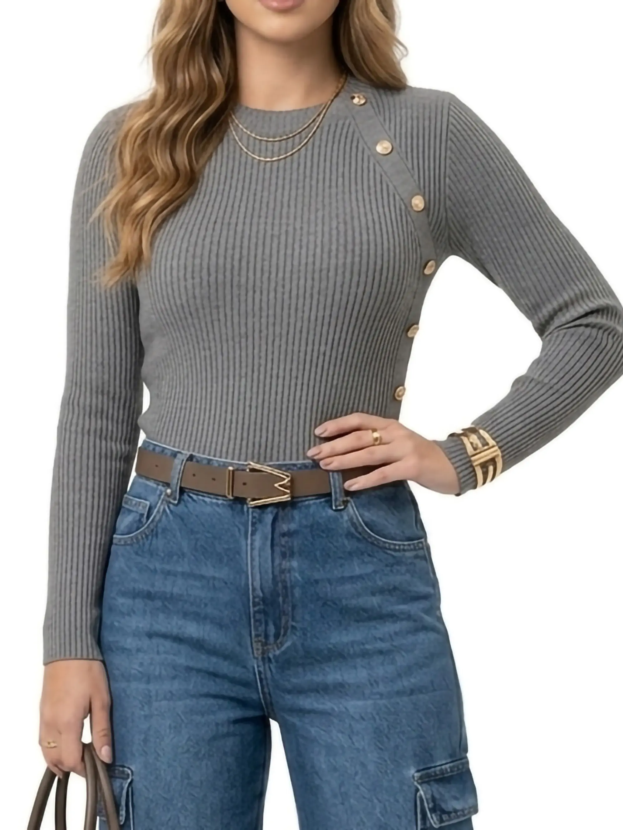 Sweater Rib Acanalado Ajustado Botones Dorados Fino 3
