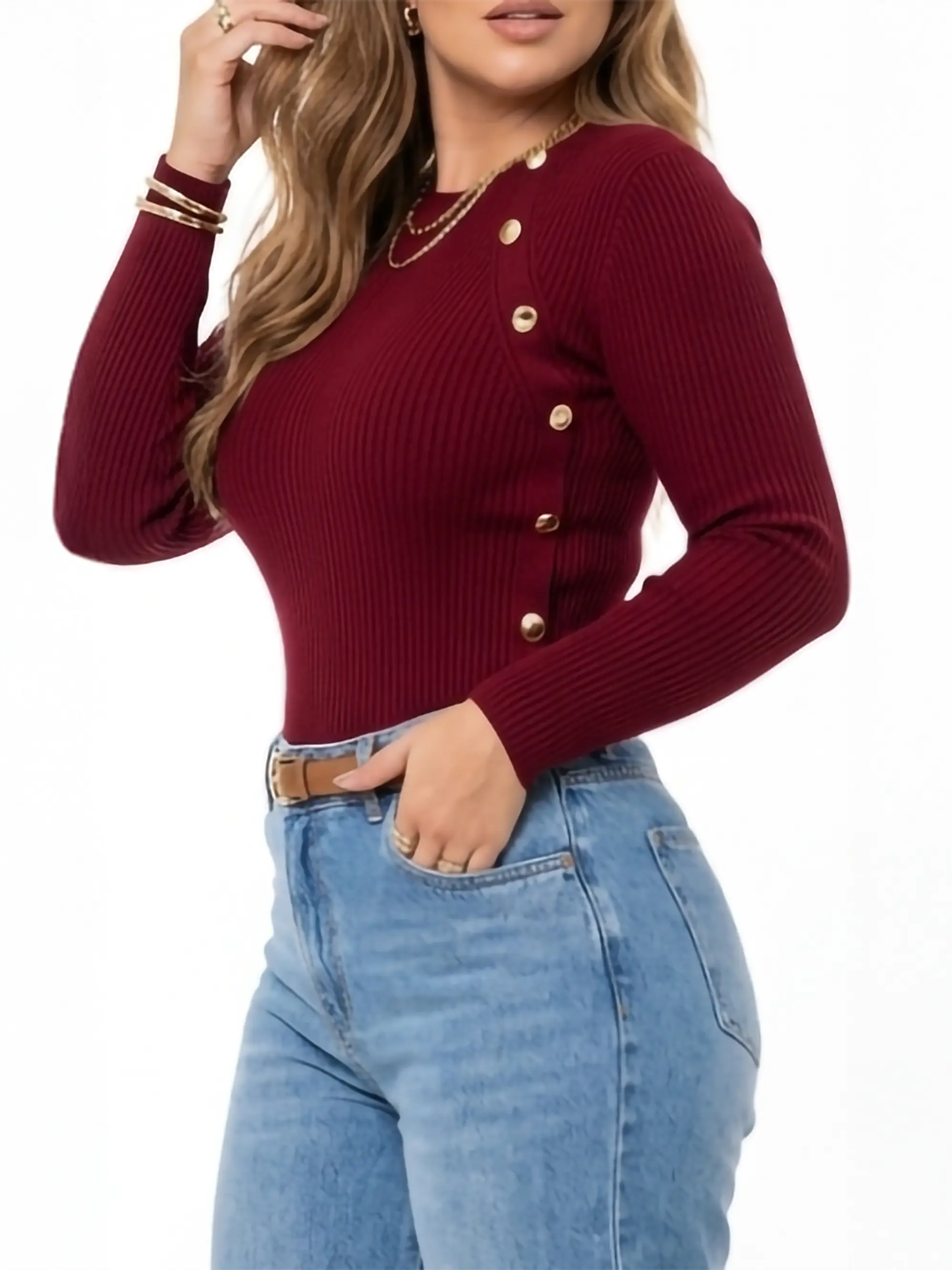 Sweater Rib Acanalado Ajustado Botones Dorados Fino 9