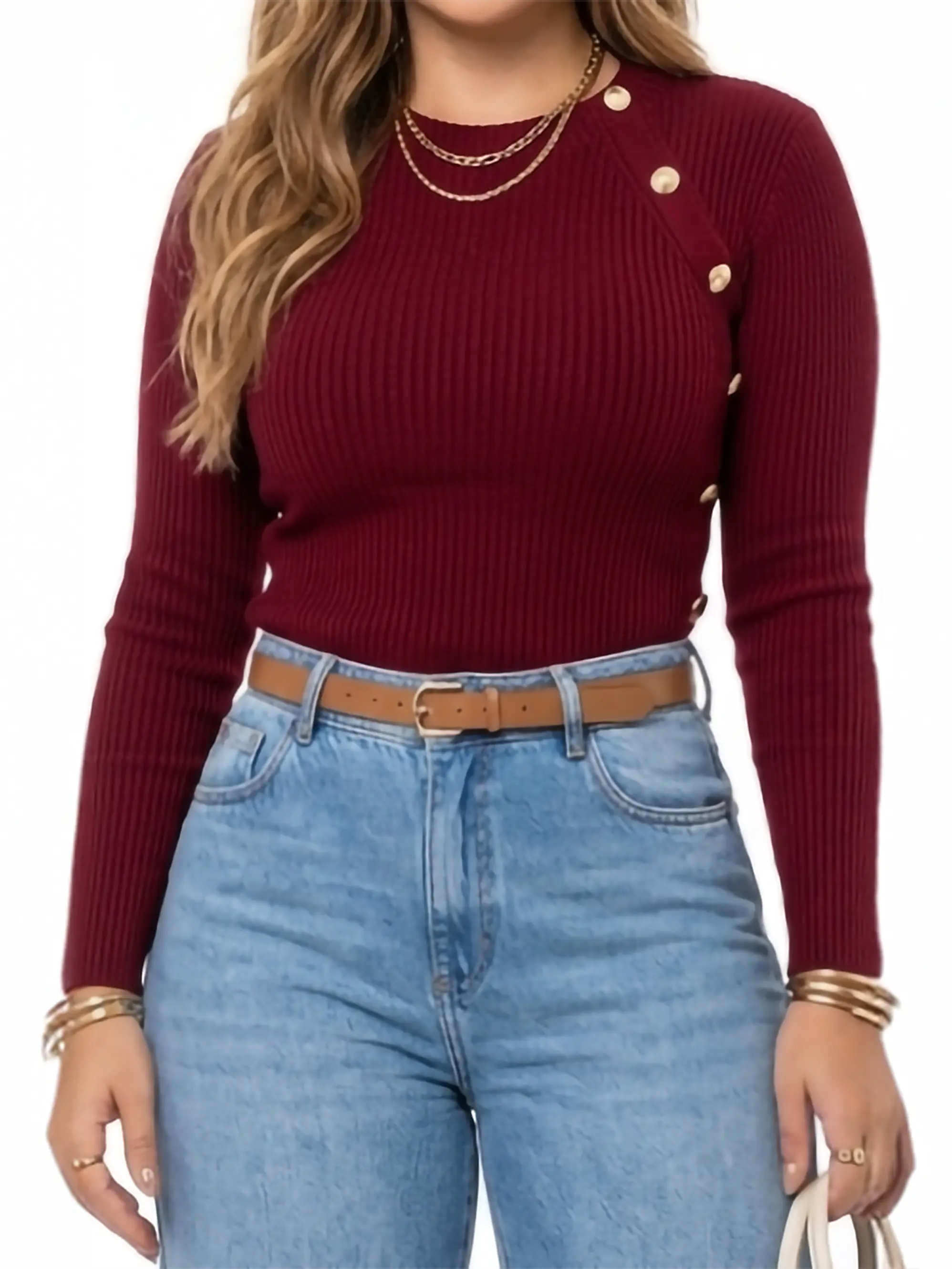 Sweater Rib Acanalado Ajustado Botones Dorados Fino 10