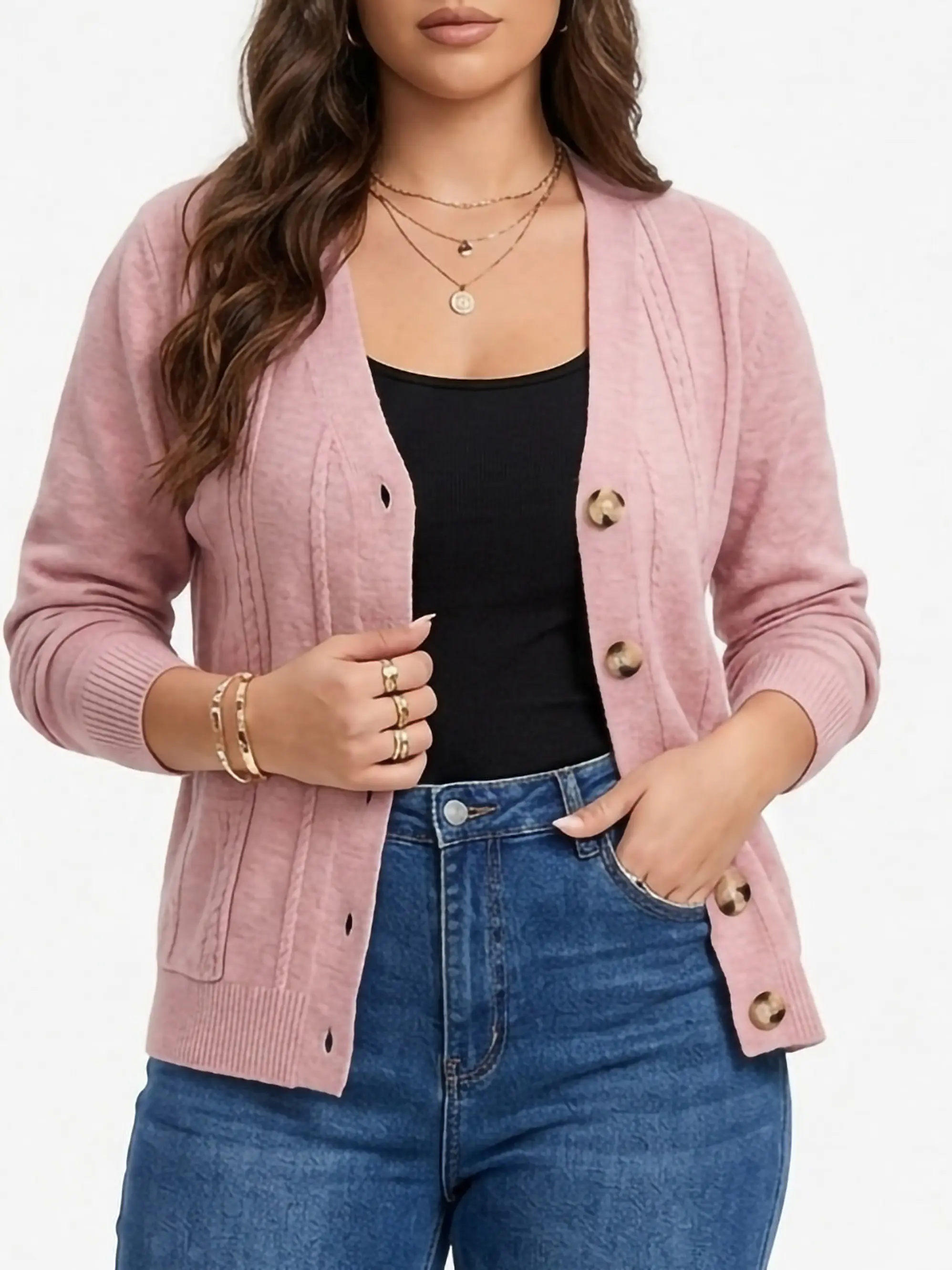 Cardigan Sweater Con Botones Bolsillos Chaleco Tejido Mujer 18