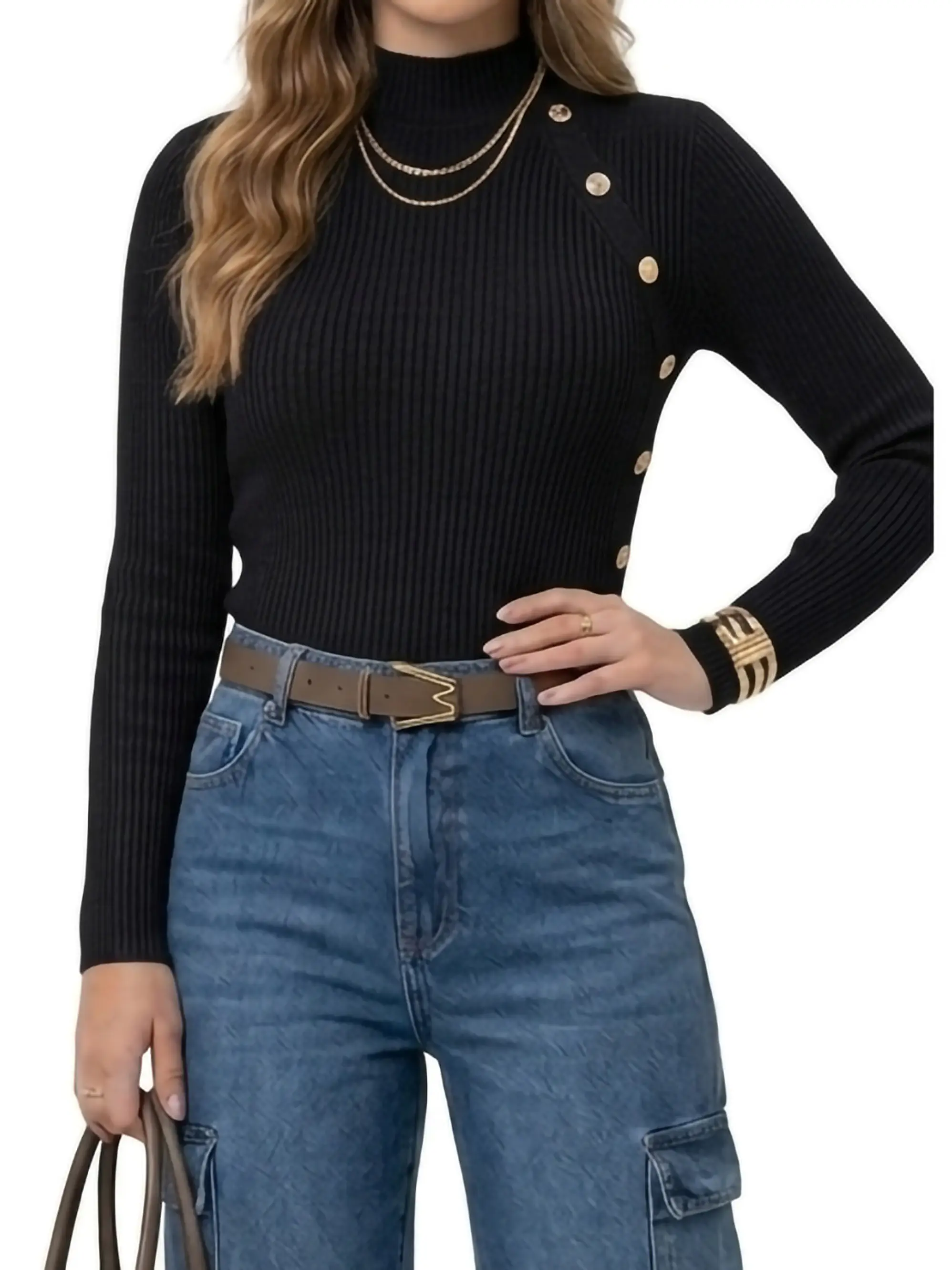 Sweater Rib Acanalado Ajustado Botones Dorados Fino 11