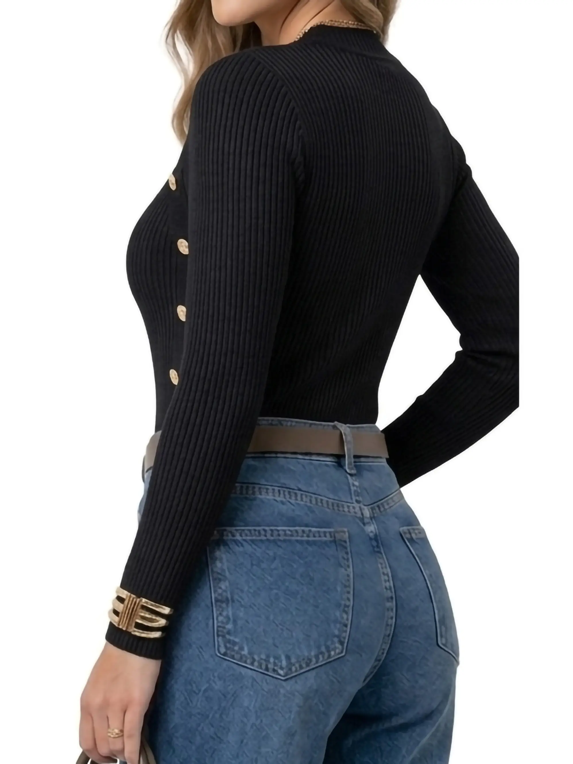 Sweater Rib Acanalado Ajustado Botones Dorados Fino 12