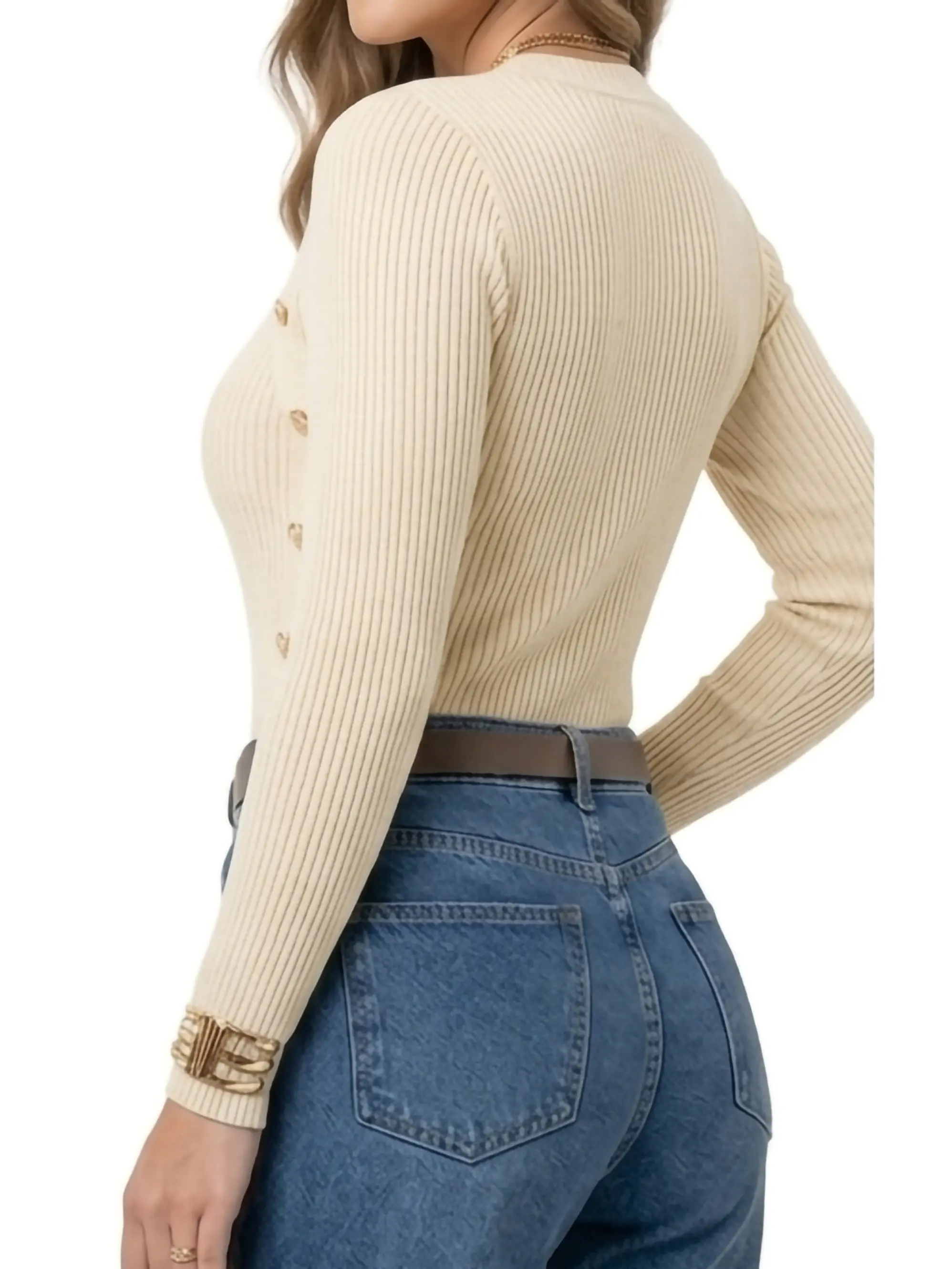 Sweater Rib Acanalado Ajustado Botones Dorados Fino 13