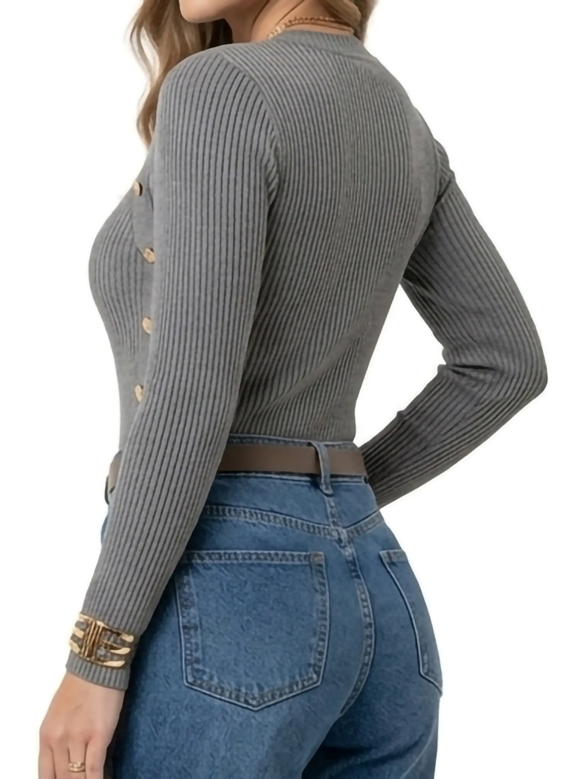 Sweater Rib Acanalado Ajustado Botones Dorados Fino 15