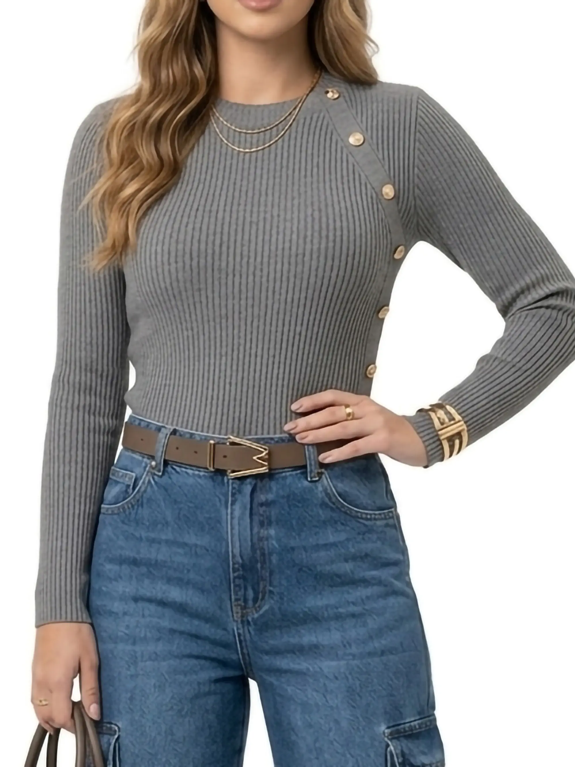 Sweater Rib Acanalado Ajustado Botones Dorados Fino 16