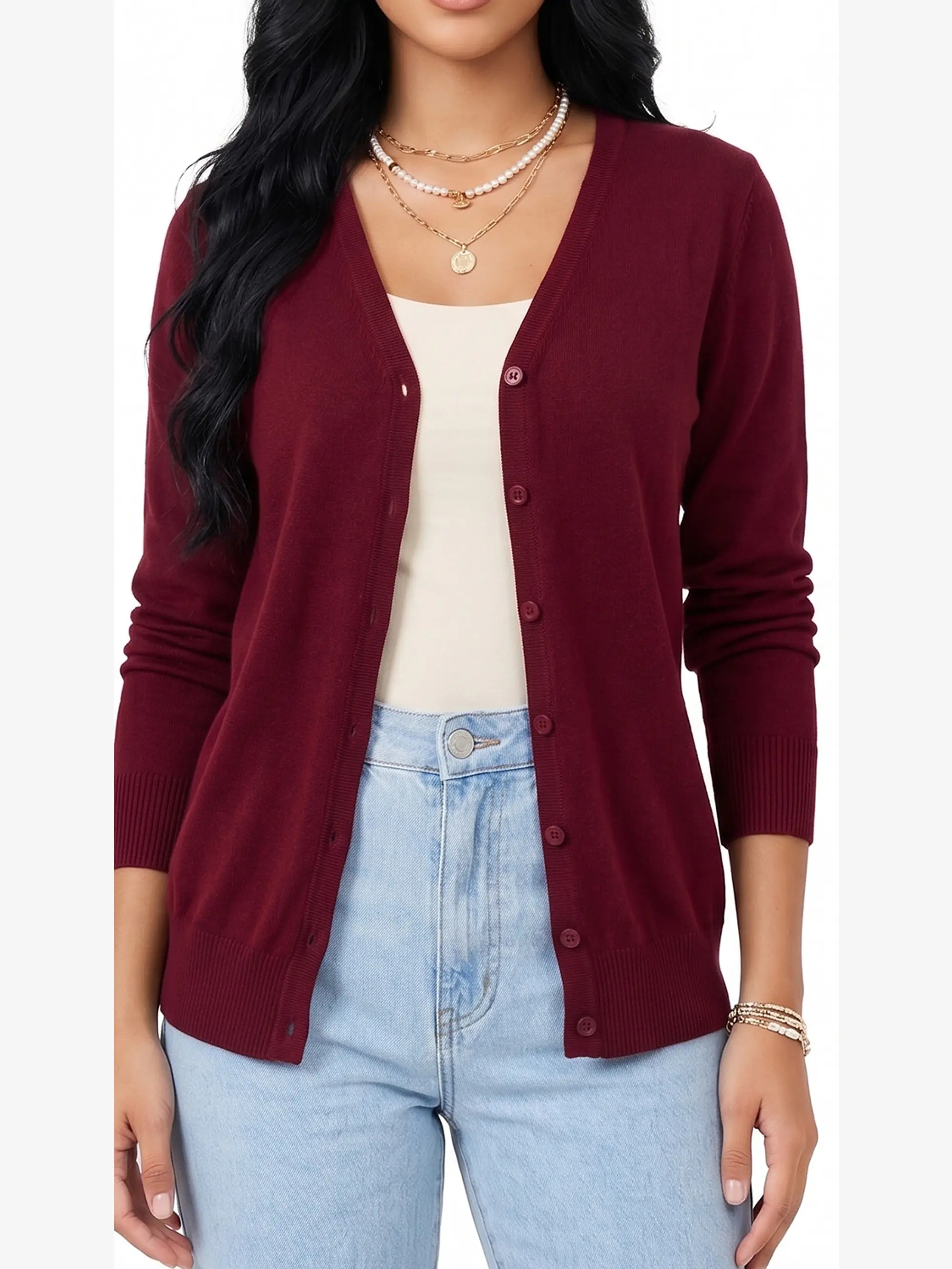 Cardigan Clasico Mujer Botones Escote V Chaleco Liso 1