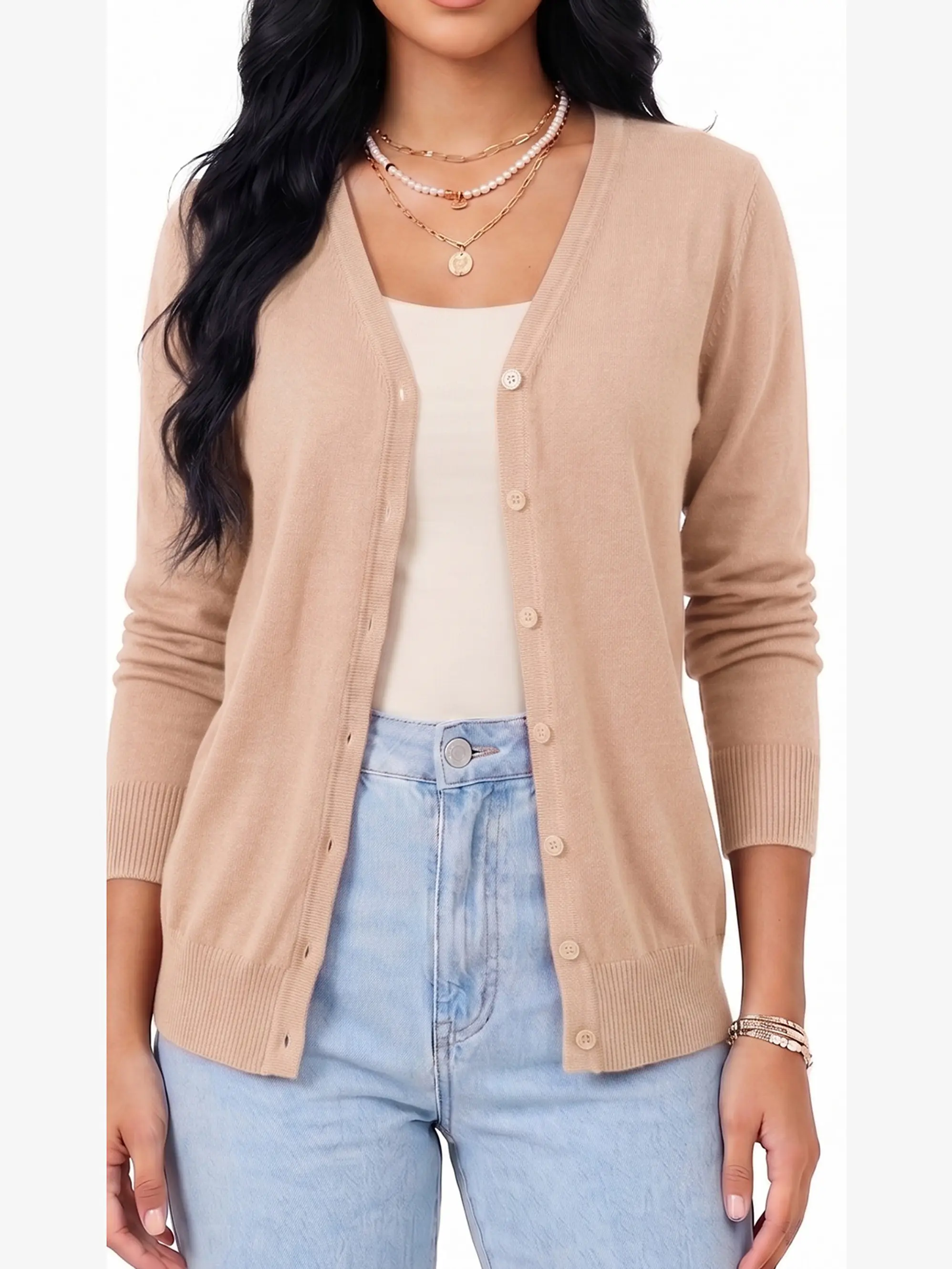 Cardigan Clasico Mujer Botones Escote V Chaleco Liso 15