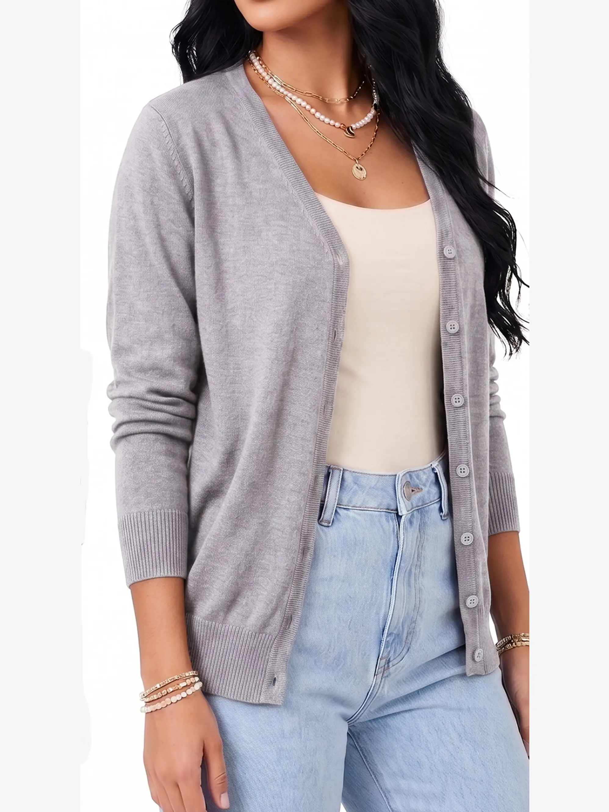 Cardigan Clasico Mujer Botones Escote V Chaleco Liso 8