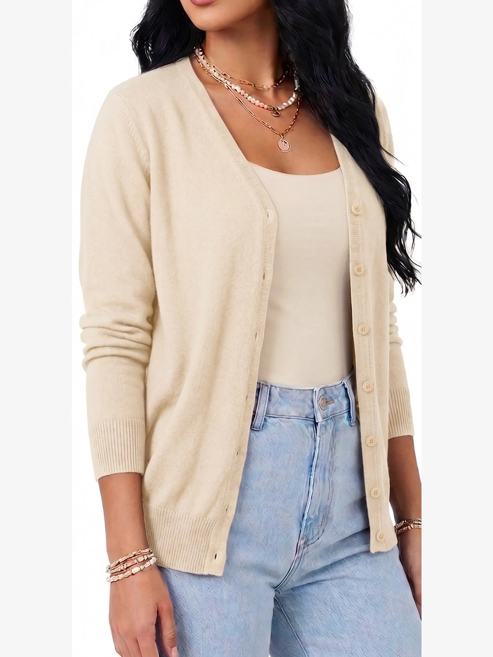 Cardigan Clasico Mujer Botones Escote V Chaleco Liso 10