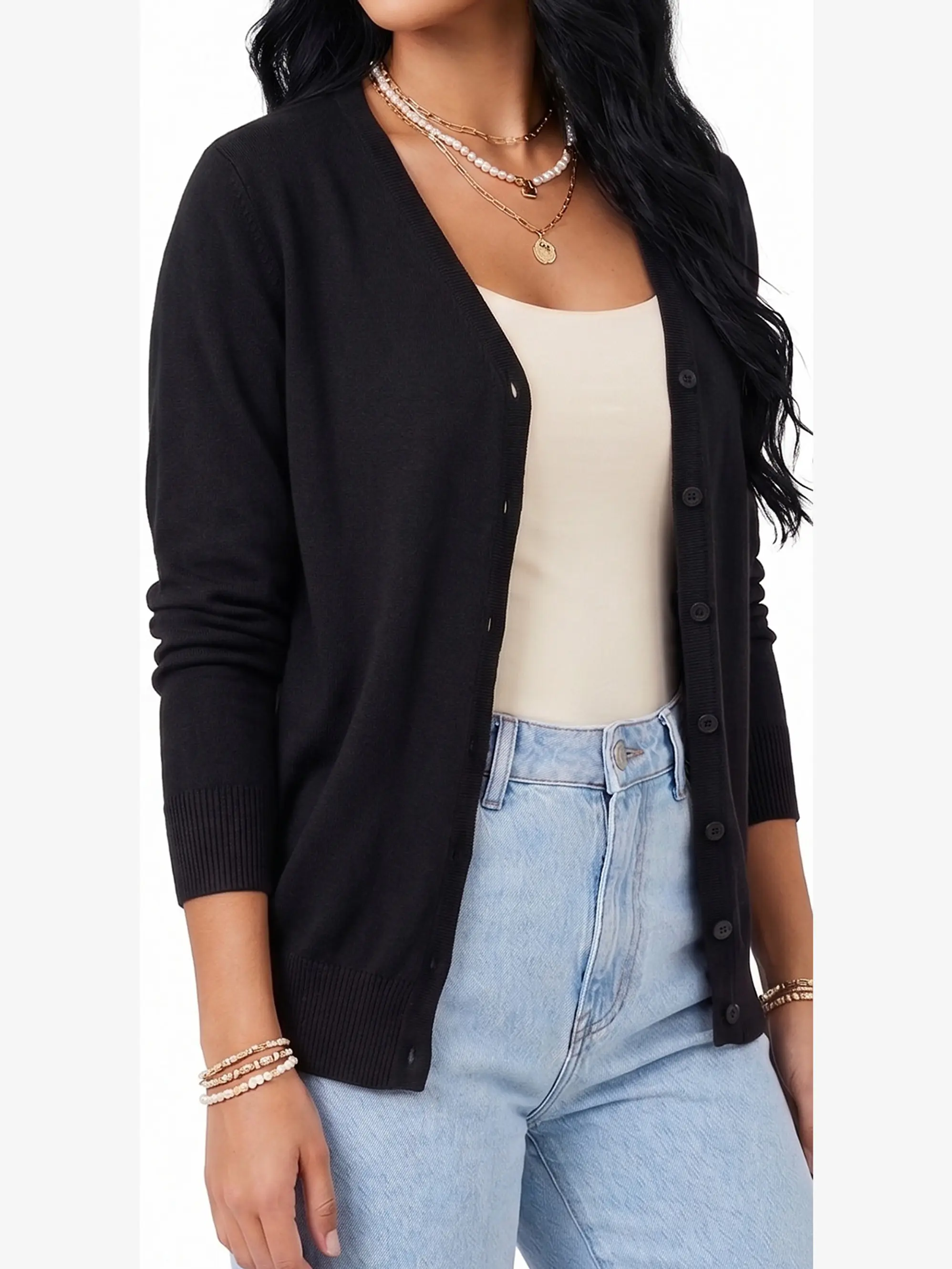 Cardigan Clasico Mujer Botones Escote V Chaleco Liso 11