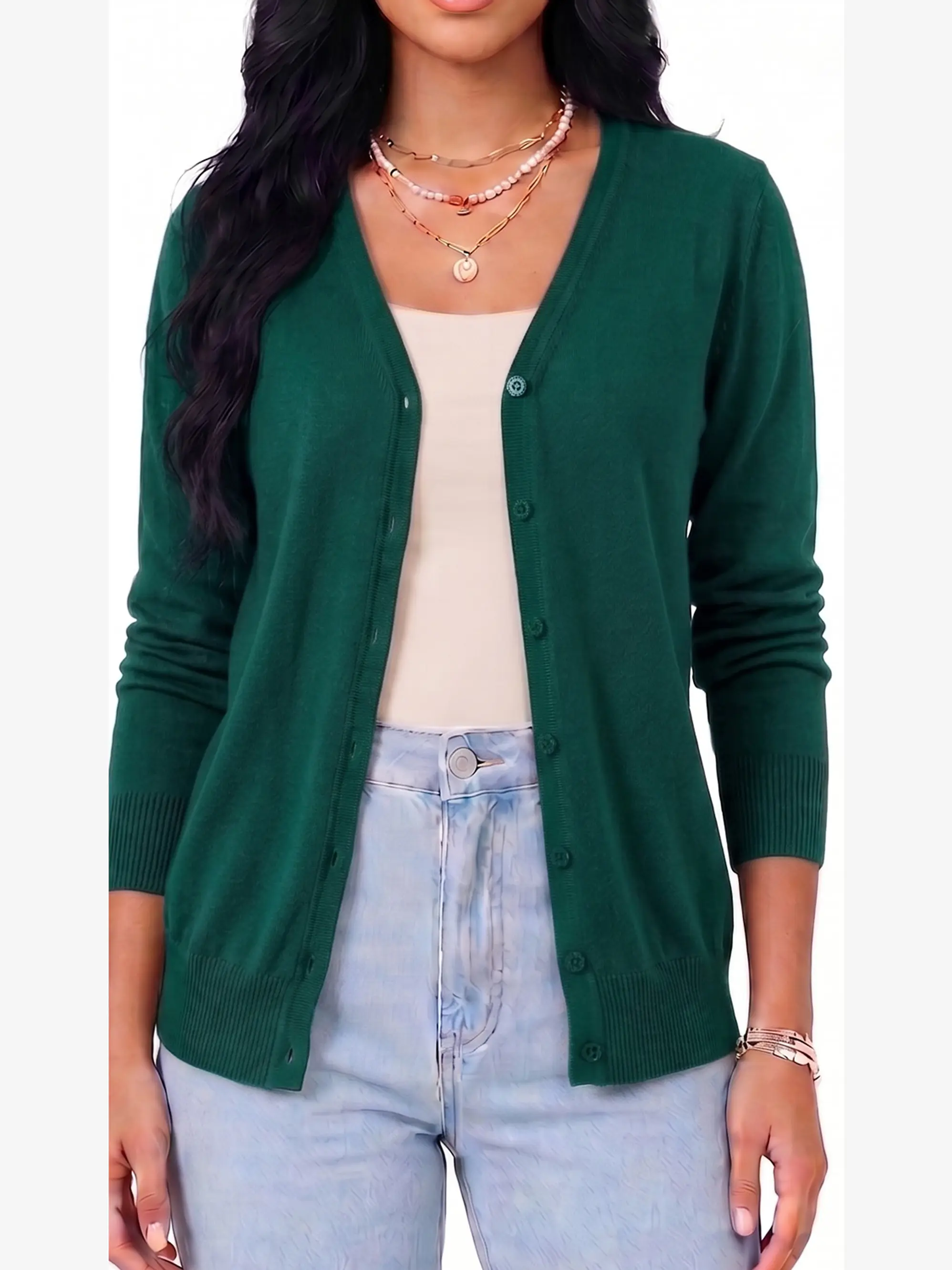 Cardigan Clasico Mujer Botones Escote V Chaleco Liso 13