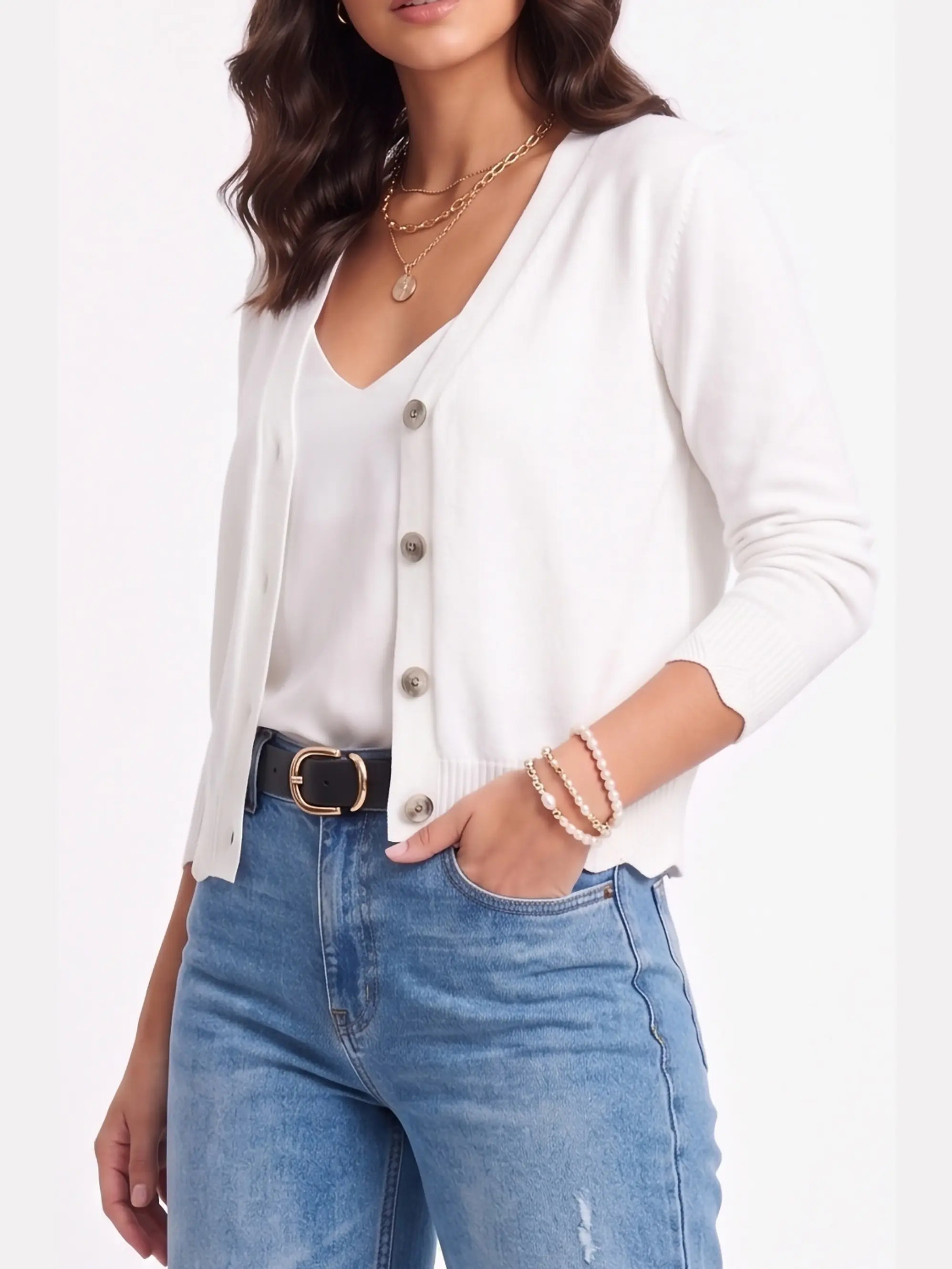 Chaleco Cardigan Mujer Corto Botones Tejido Fino Con Ondas 7