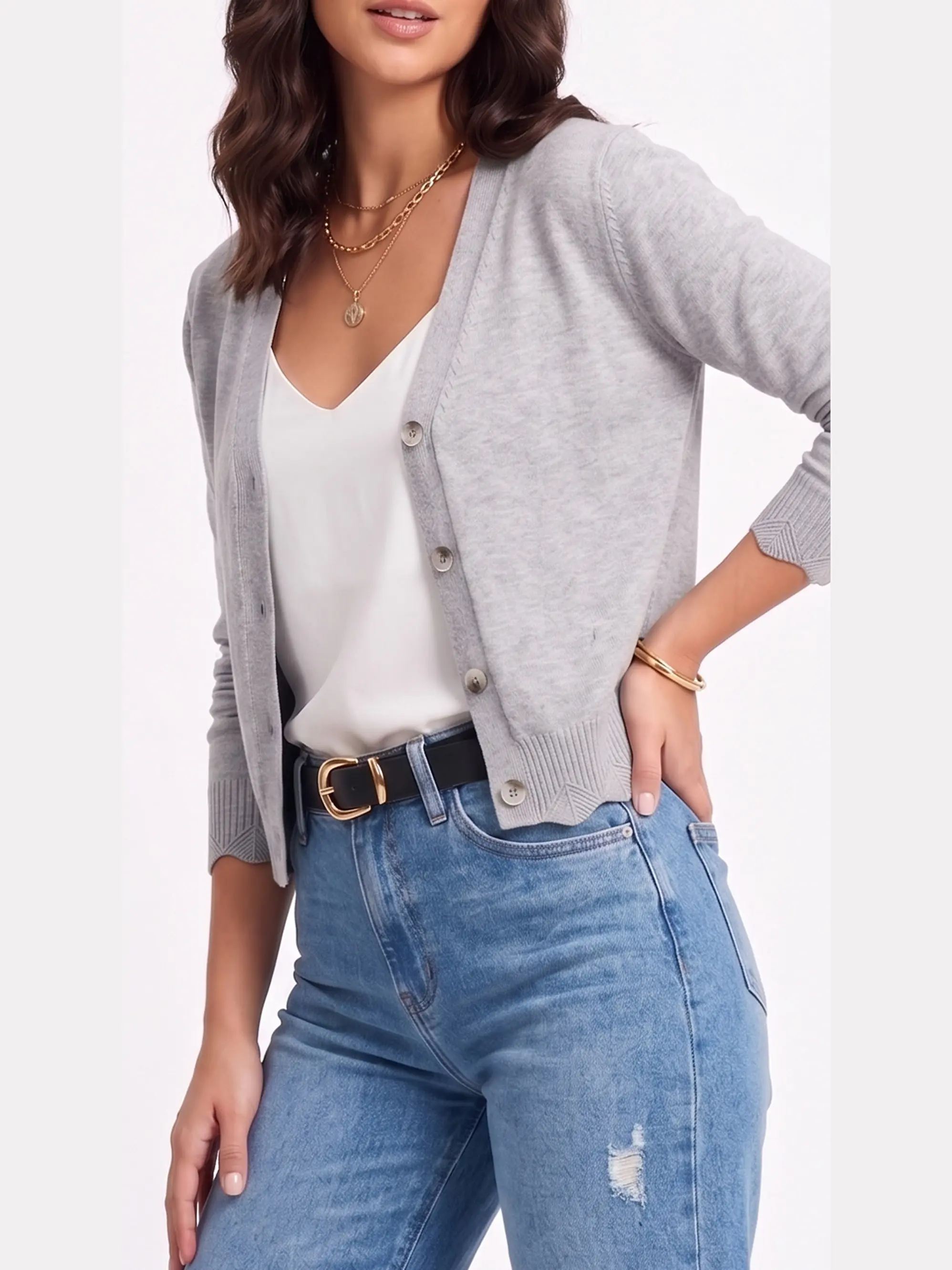 Chaleco Cardigan Mujer Corto Botones Tejido Fino Con Ondas 9