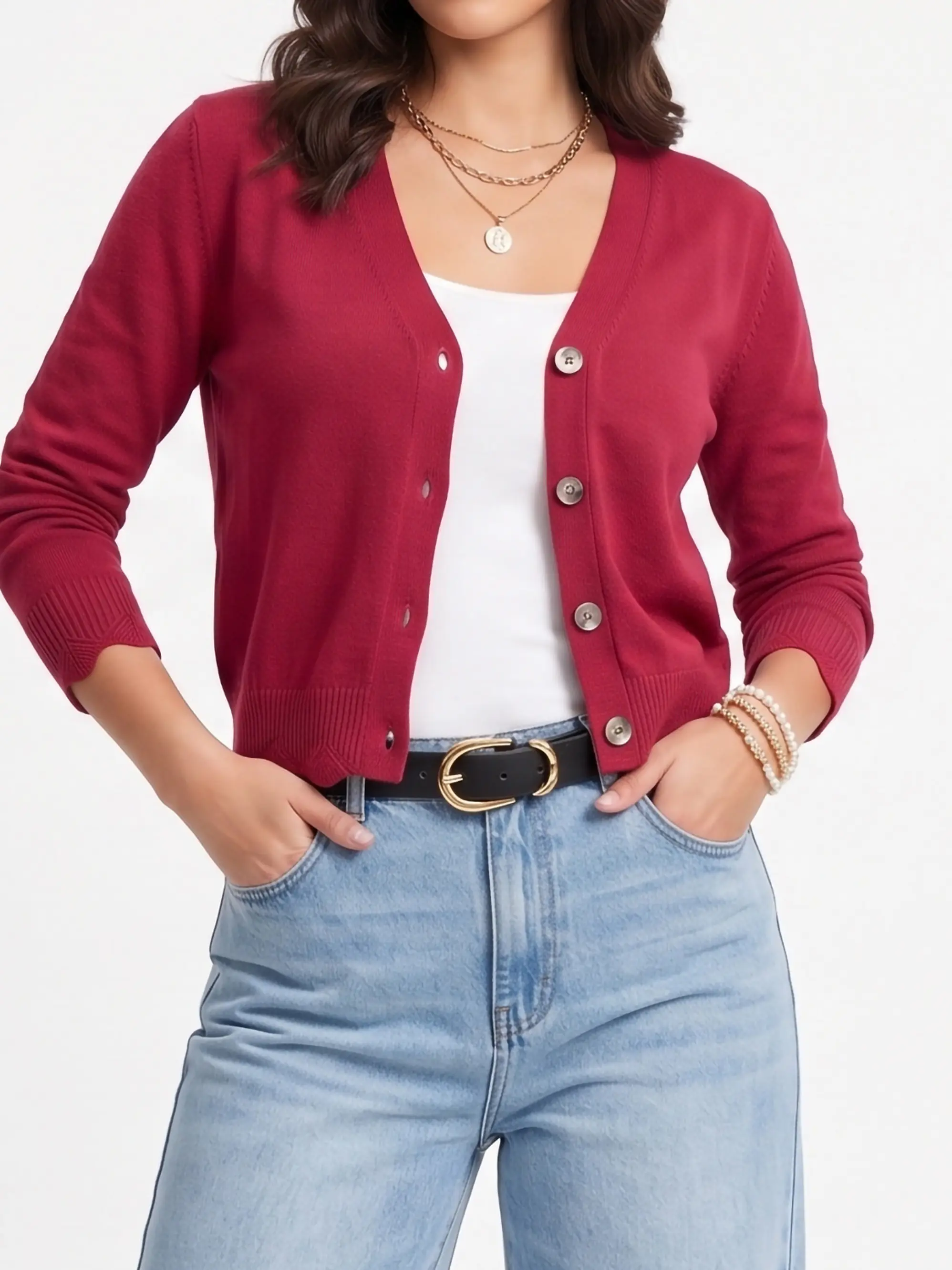 Chaleco Cardigan Mujer Corto Botones Tejido Fino Con Ondas 15