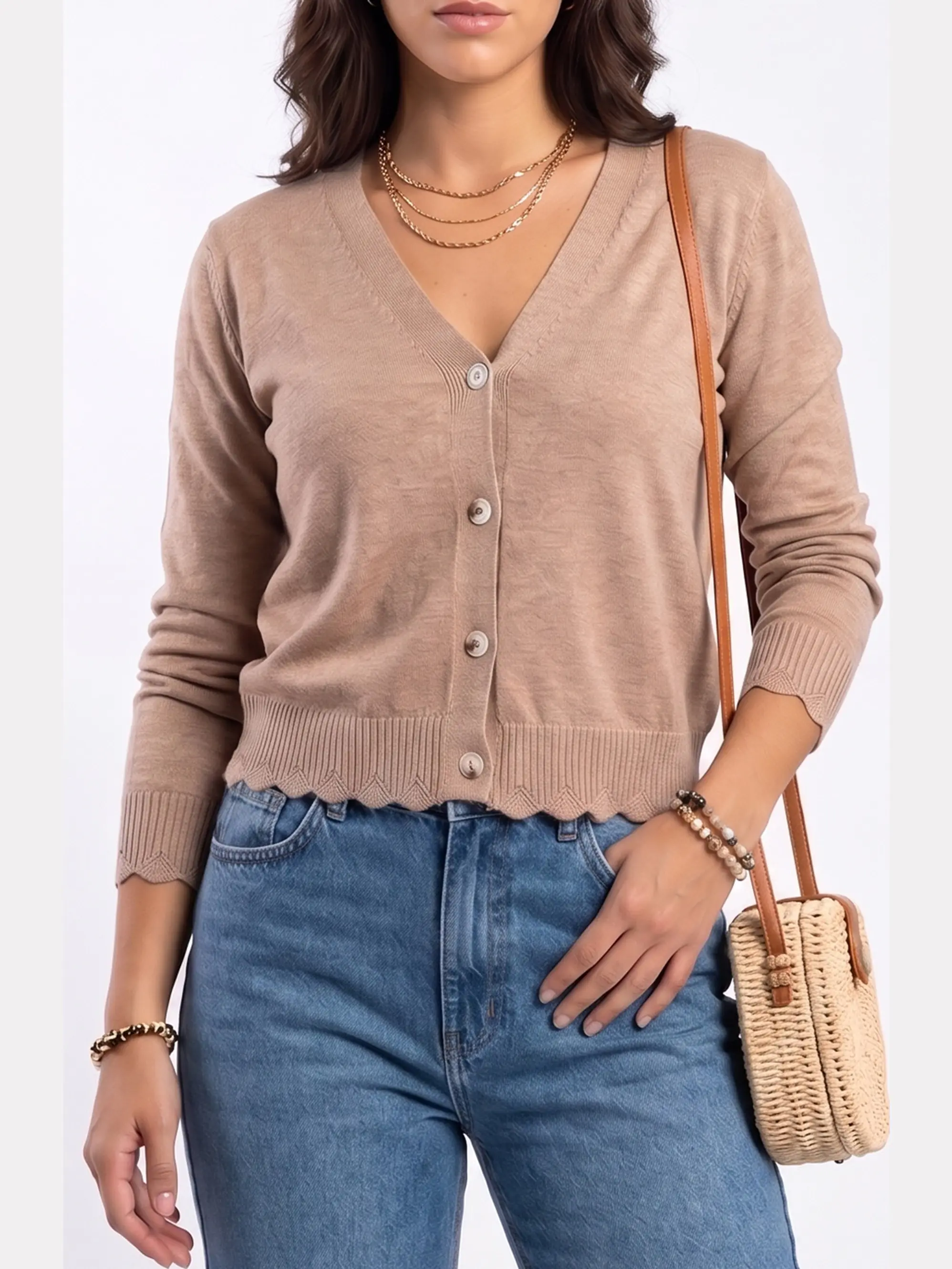 Chaleco Cardigan Mujer Corto Botones Tejido Fino Con Ondas 17