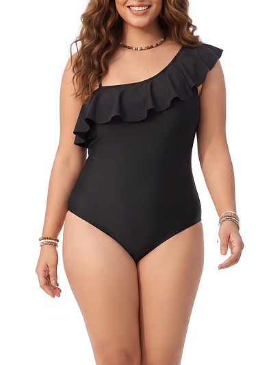 Traje de baño asimétrico plus size negro vuelos