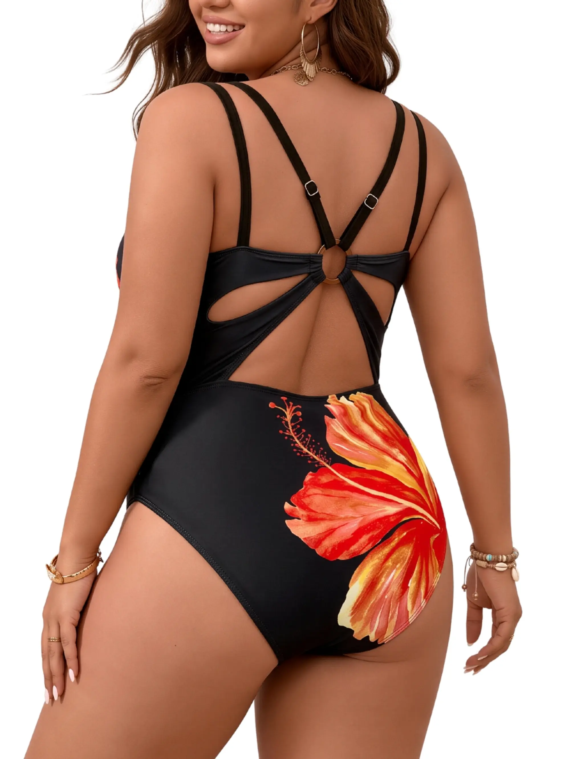 Traje de Baño Entero Mujer Negro Flor Tropical 3
