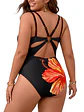 Traje de Baño Entero Mujer Negro Flor Tropical - Miniatura 3