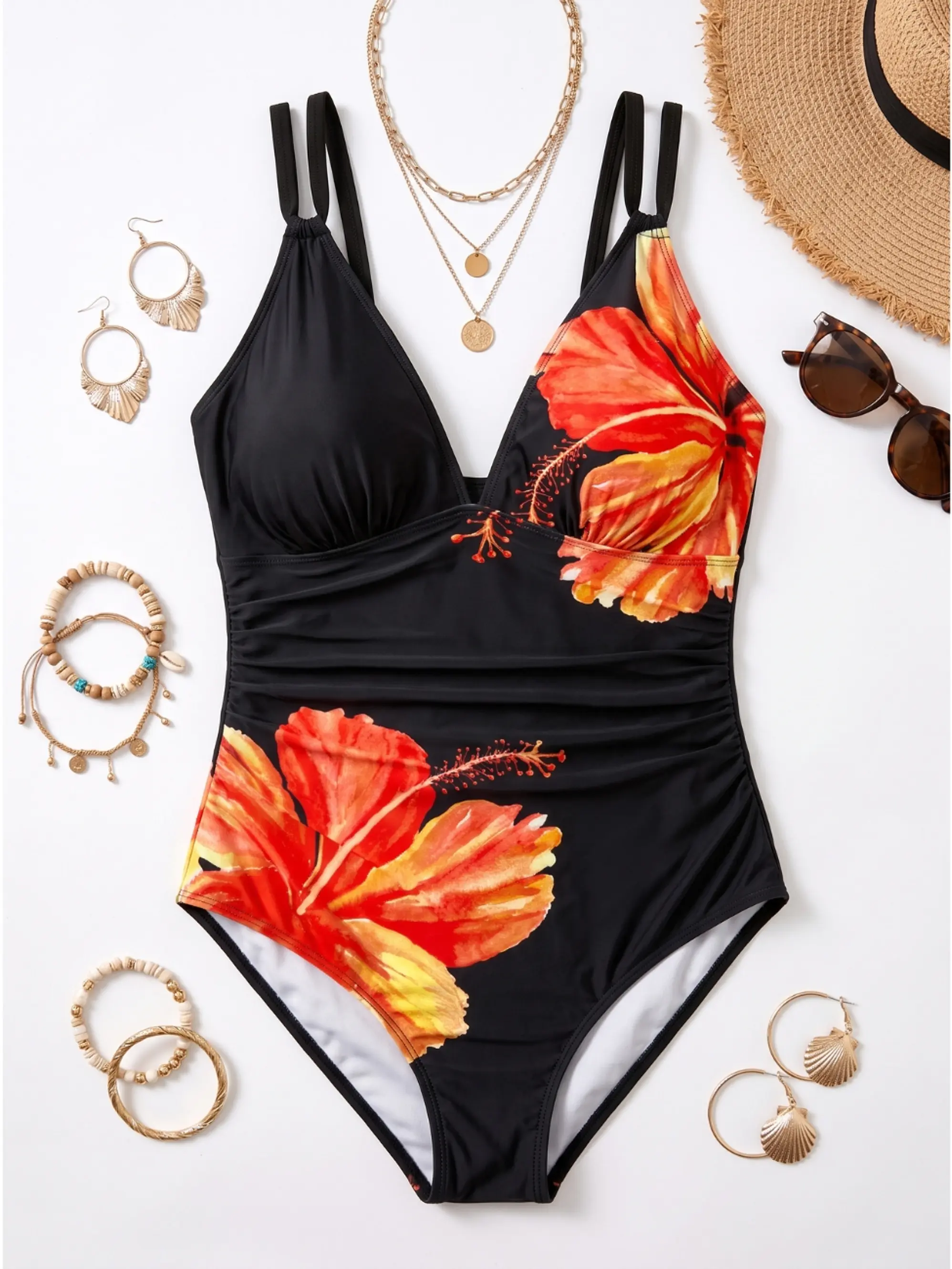Traje de Baño Entero Mujer Negro Flor Tropical 5