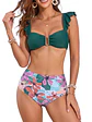 Bikini Verde Top Vuelos con Calzón Floral Tiro Alto + PAREO - Miniatura 1