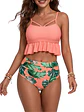 Bikini Tiro Alto Top Floral con Vuelos y Calzón coral - Miniatura 1