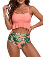 Bikini Tiro Alto Top Floral con Vuelos y Calzón coral - Miniatura 3