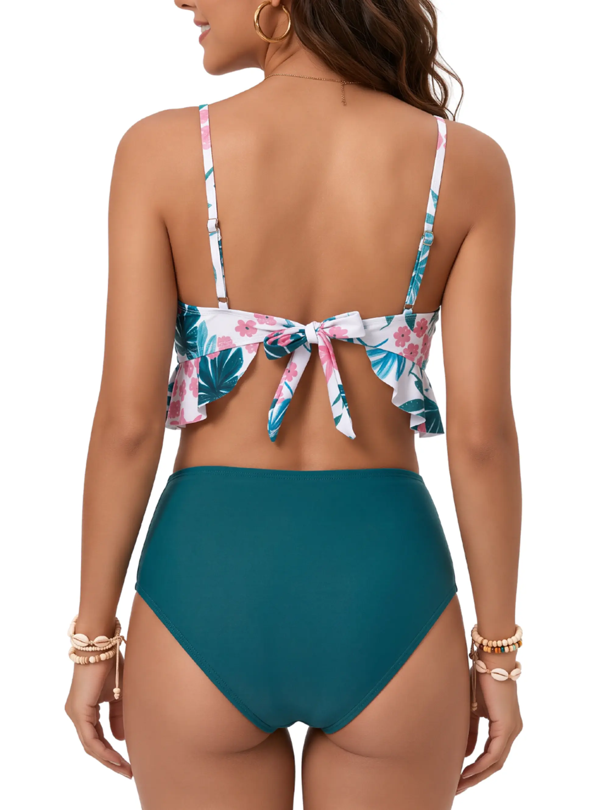 Bikini Tiro Alto Top Floral con Vuelos y Calzón Verde 2