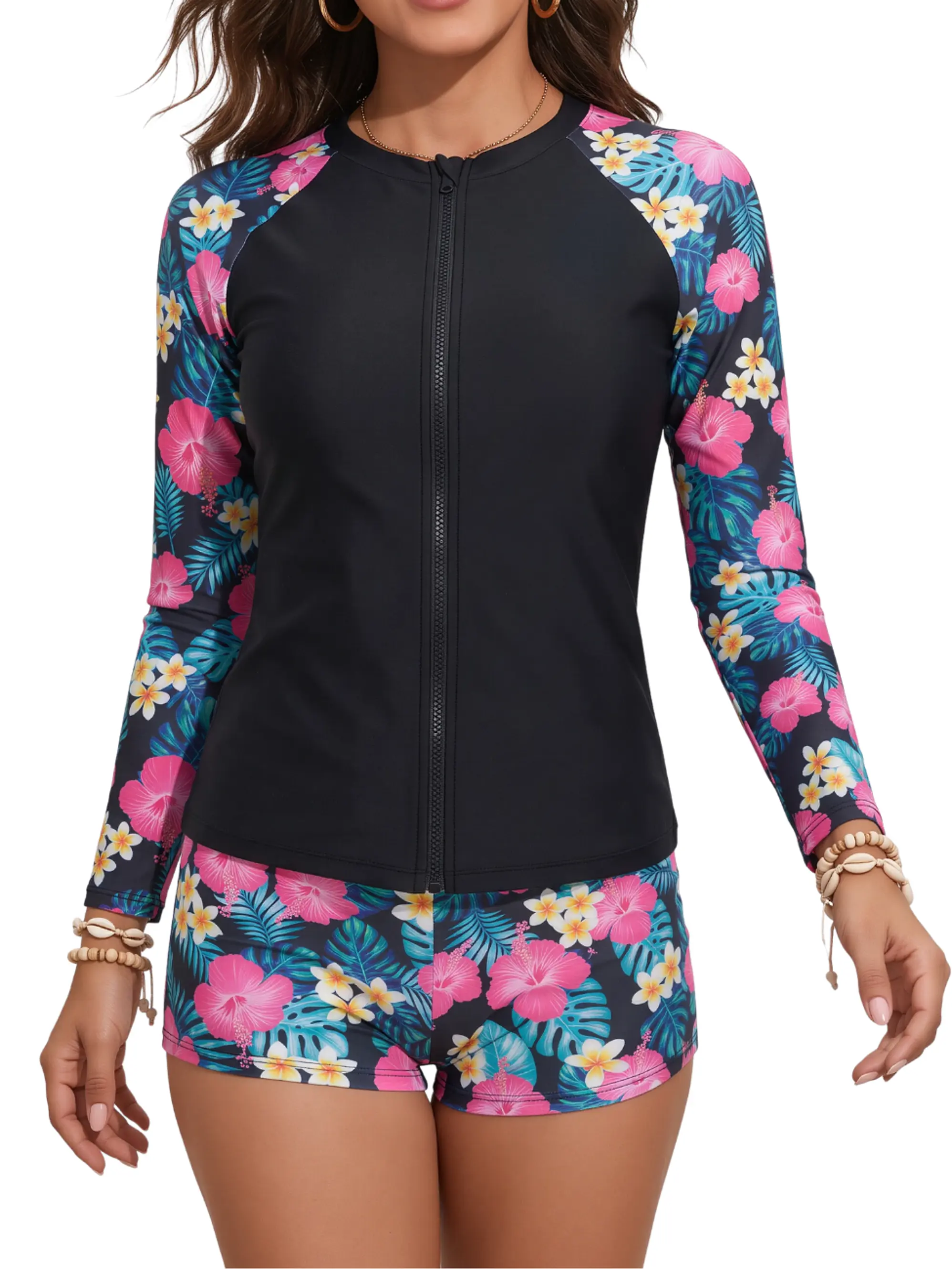 Traje de baño 3 piezas manga larga floral con short 1