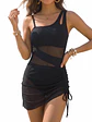 Traje de baño Mujer entero negro un hombro con transparencias + Falda pareo - Miniatura 3