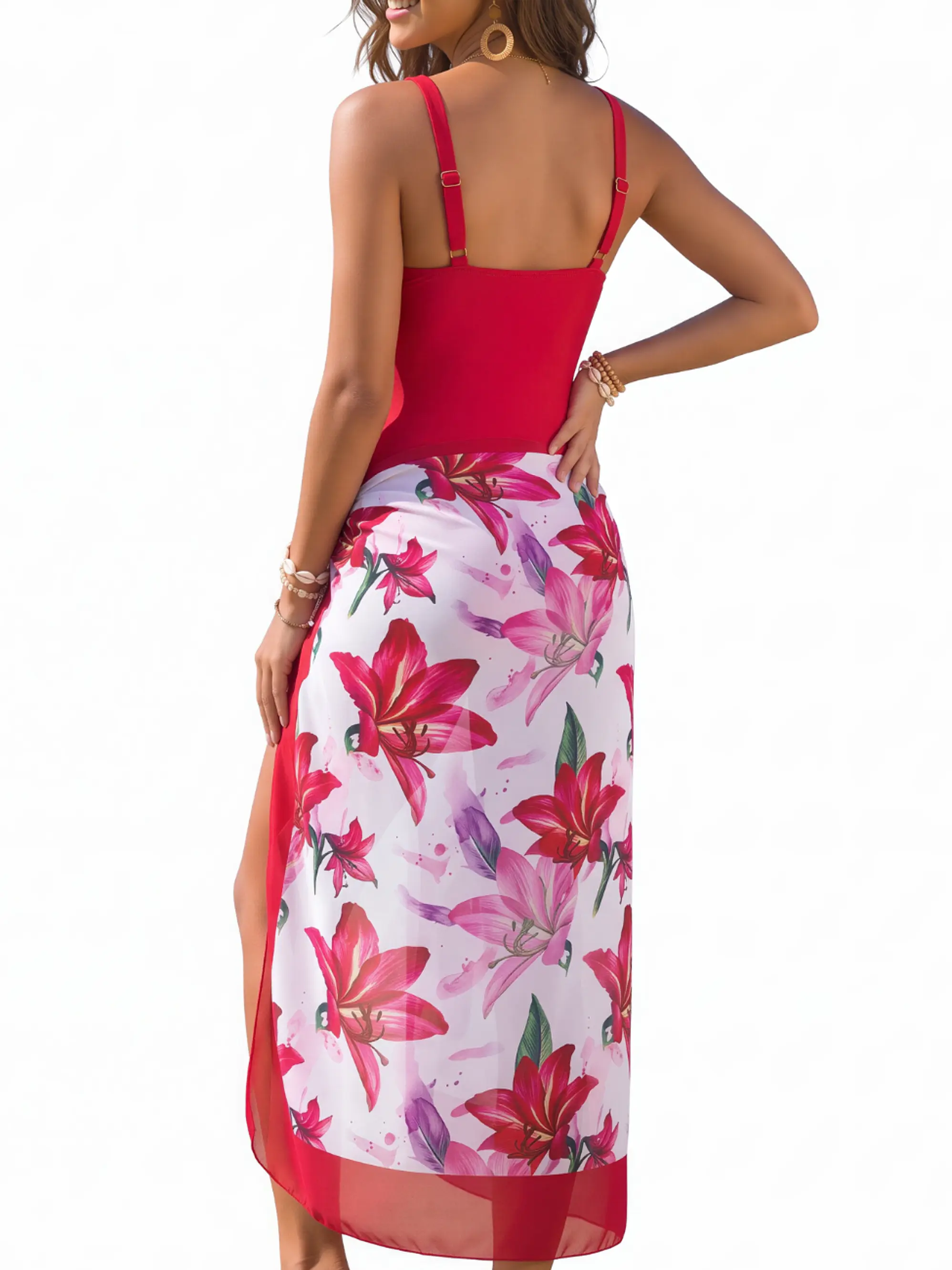 Traje de baño mujer entero drap Rojo escote borlas + pareo floral 5