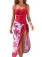 Traje de baño mujer entero drap Rojo escote borlas + pareo floral - Miniatura 4
