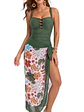 Traje de baño mujer entero drap verde escote borlas + pareo floral - Miniatura 2