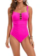 Traje de baño mujer entero drap rosa escote borlas + pareo floral - Miniatura 2
