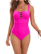 Traje de baño mujer entero drap rosa escote borlas + pareo floral - Miniatura 1