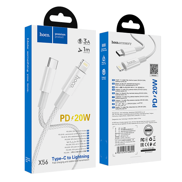 Cable Dato y Carga PD 20w lightning tipo c Hoco x56