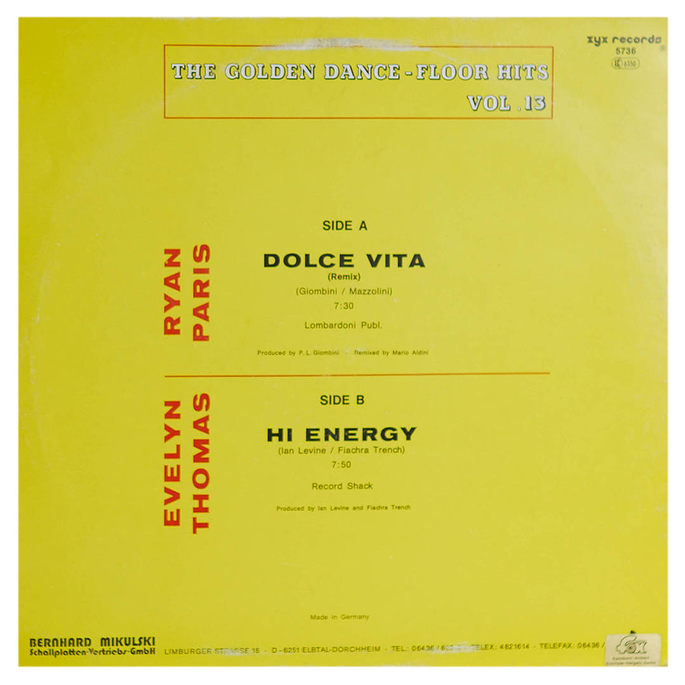 RYAN PARIS / EVELYN THOMAS - DOLCE VITA / HI ENERGY | 12'' MAXI SINGLE USADO