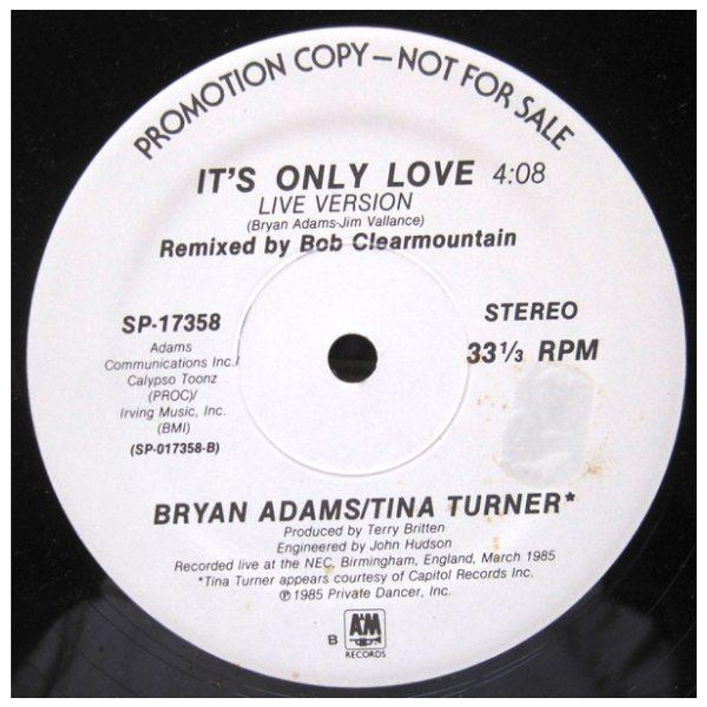 BRYAN ADAMS FT. TINA TURNER - IT'S ONLY LOVE | 12'' MAXI SINGLE USADO