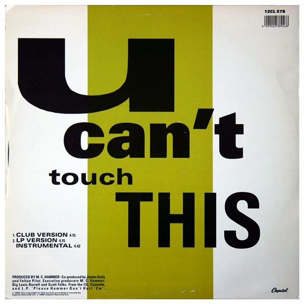 MC HAMMER - U CAN'T TOUCH THIS | 12'' MAXI SINGLE USADO